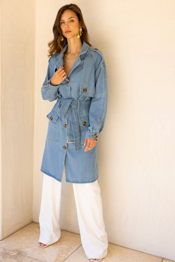 Hillside Denim Trench Coat in Blue - Lisa Maree
