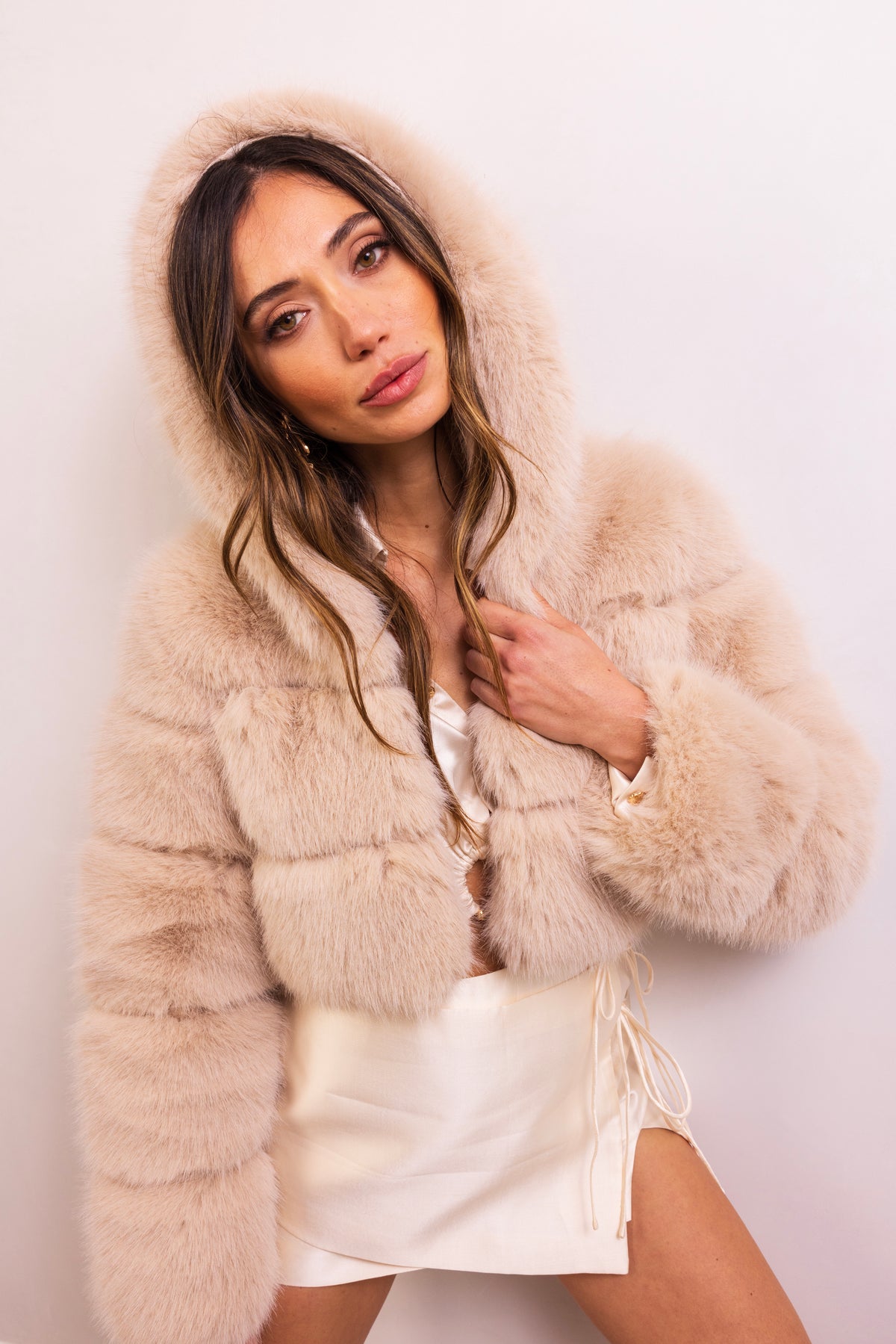 This Is It Faux Fur Cropped Jacket in Beige