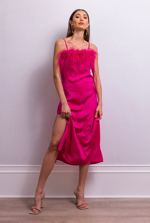 Secret Keeper Feather Midi Slip Dress in Fuchsia - Lisa Maree