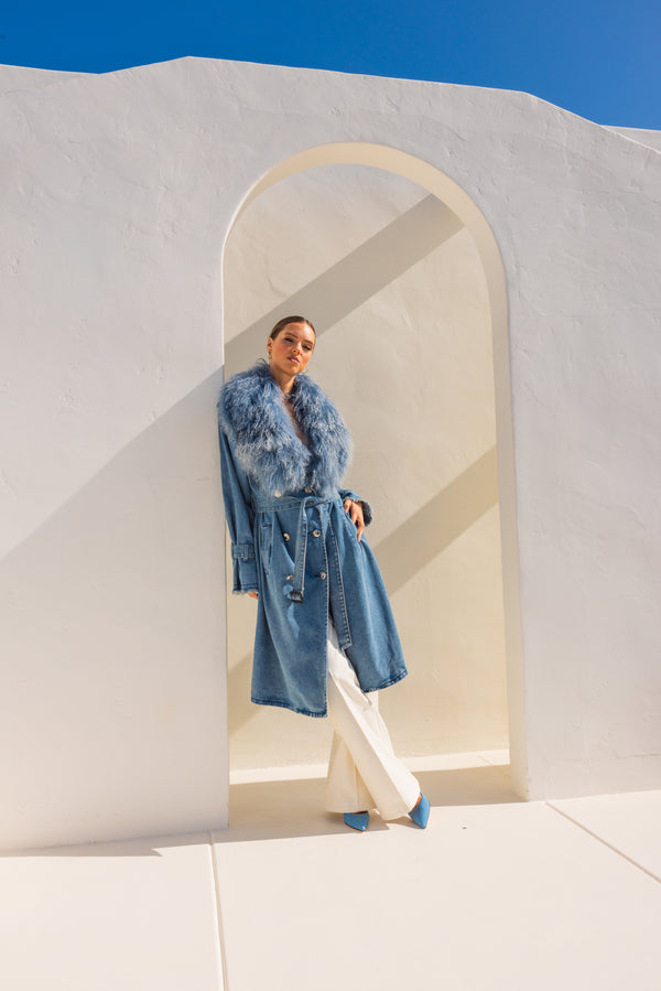 Apocalypse Denim and Mongolian Wool Coat in Blue - Lisa Maree