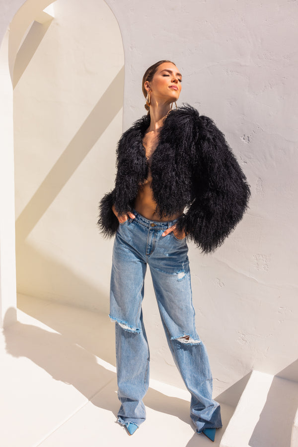Whispers Mongolian Wool Cropped Jacket in Black - Lisa Maree