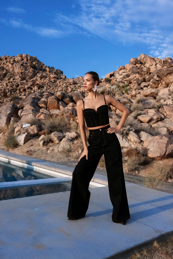 The Go-Around Denim Bustier Top in Black - Lisa Maree