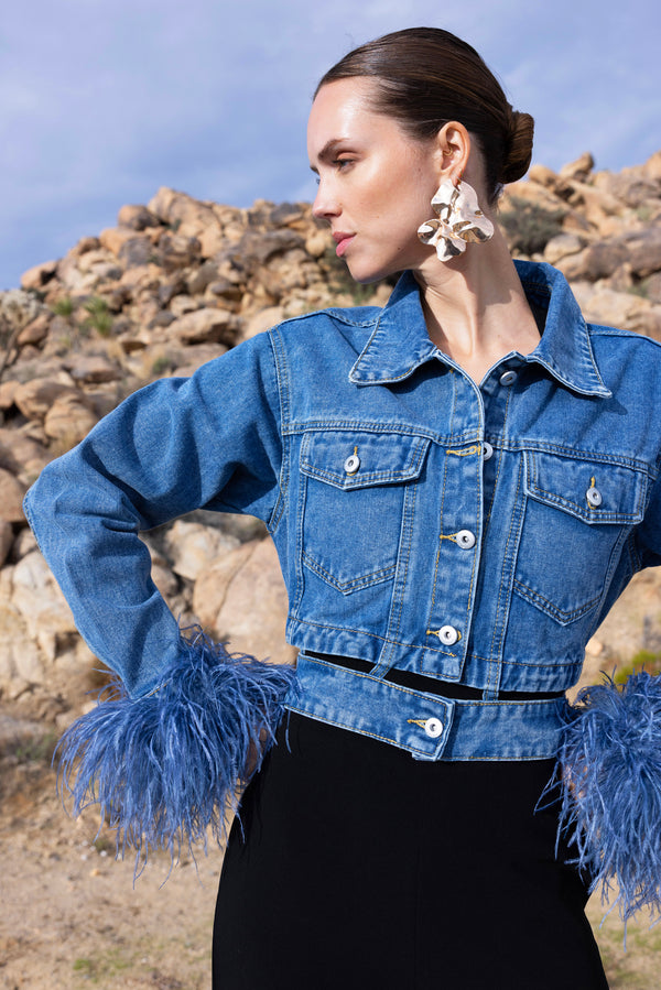 Sahara Skies Denim Cutout Feather Trim Jacket in Blue