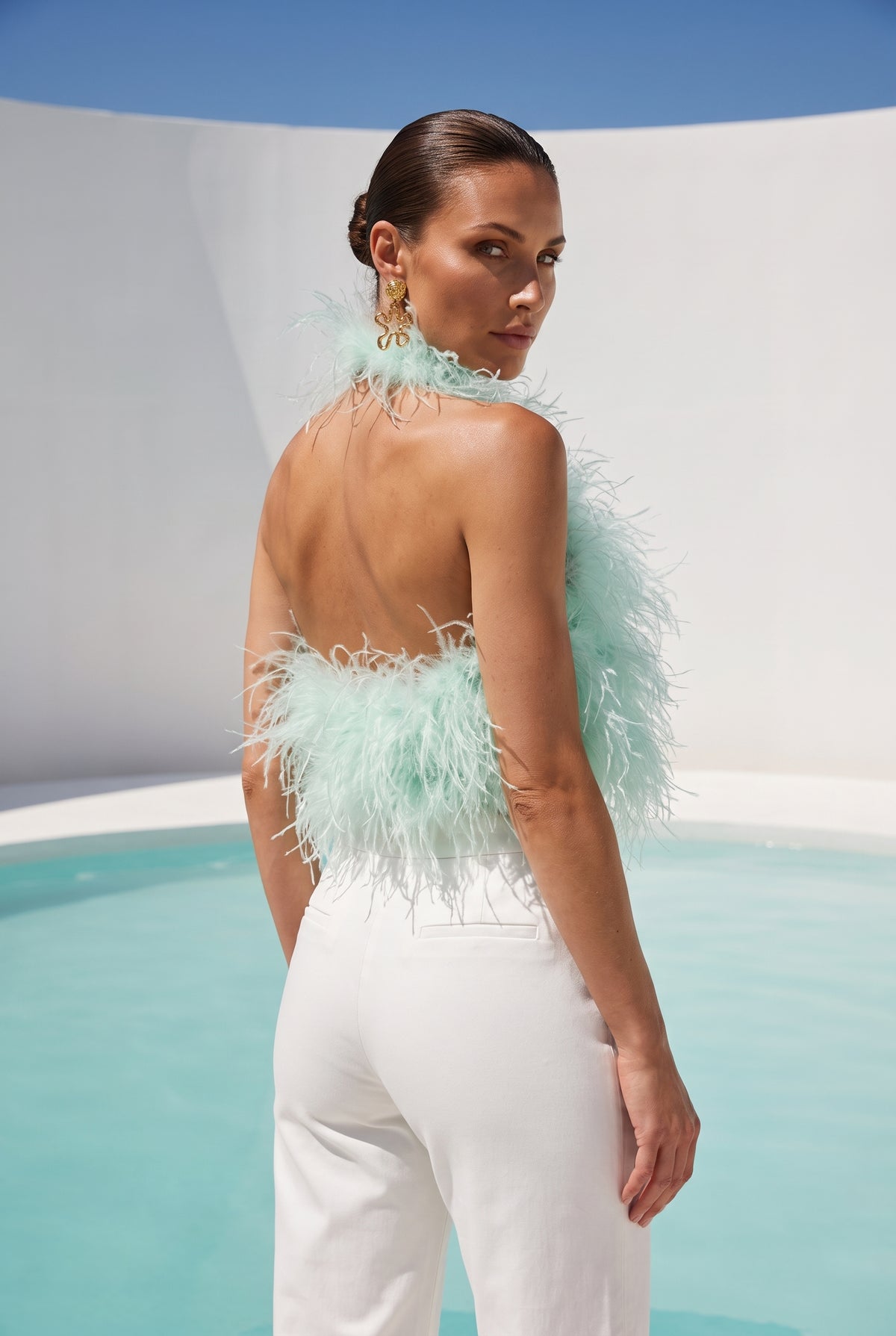 Big Dreams Ostrich Feather Halter Top in Seafoam Green