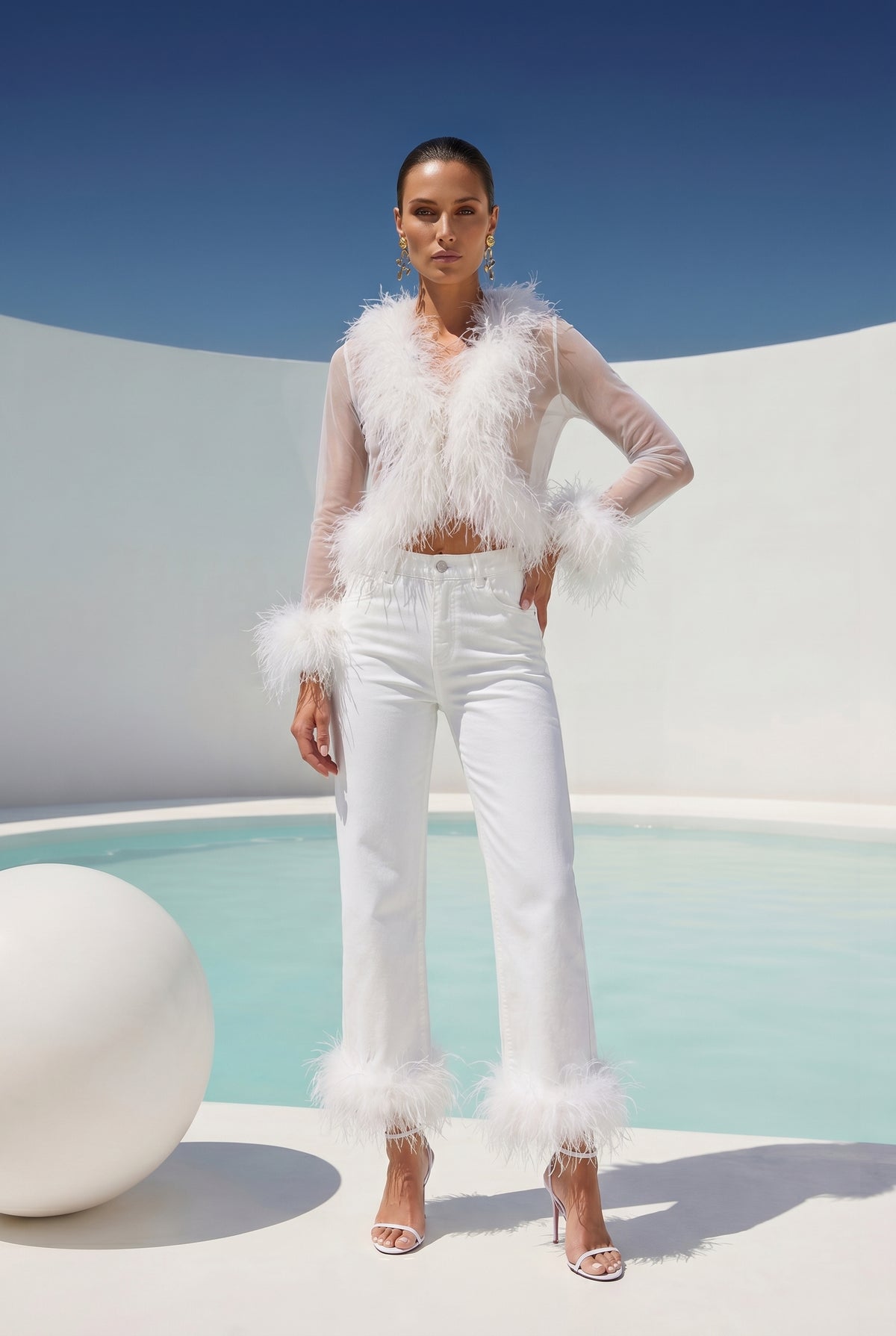 Fable denim feather trim jeans in White