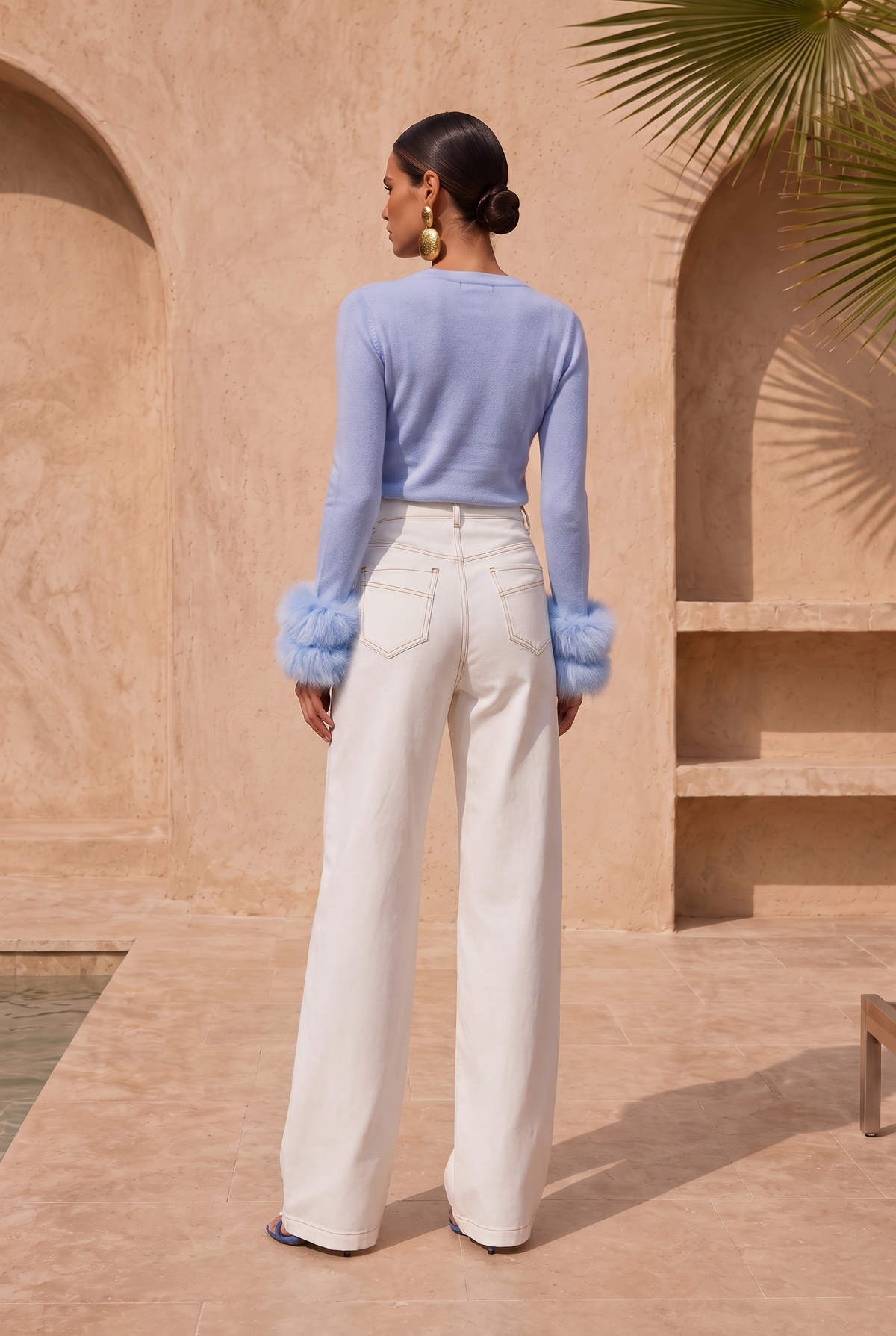 Samara Removable Fur Cuff Wool Sweater in Baby Blue