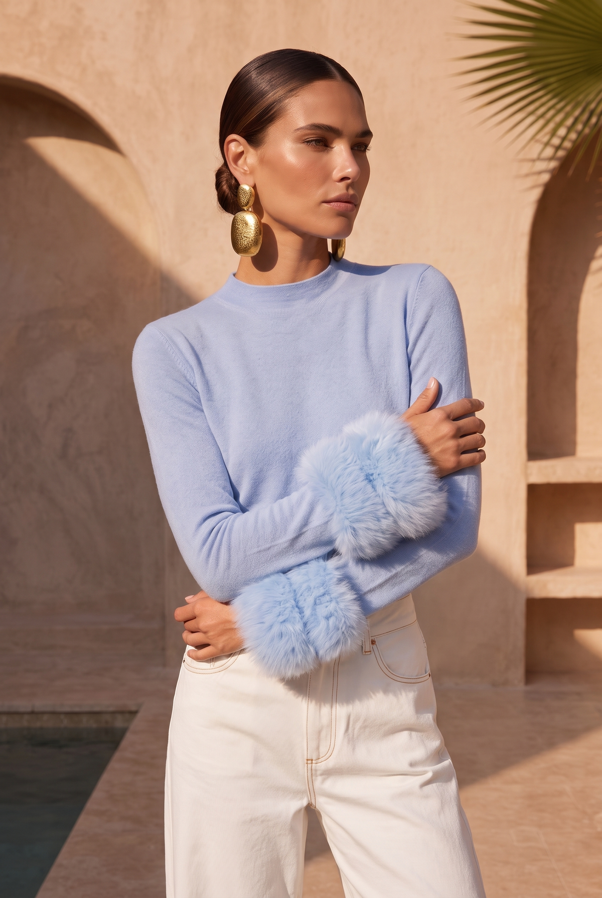 Samara Removable Fur Cuff Wool Sweater in Baby Blue