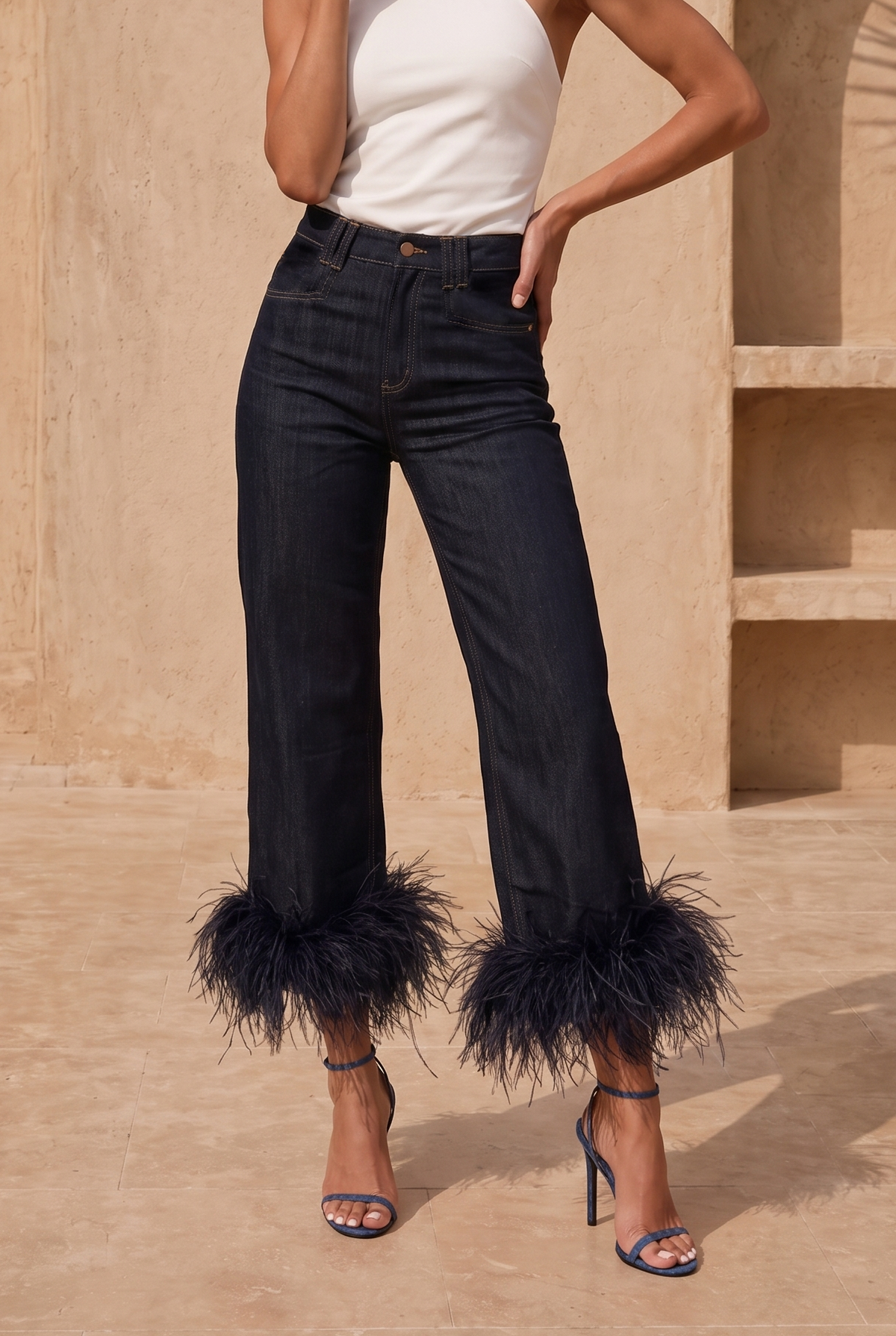 The Tableau denim feather trim jeans in Dark Blue