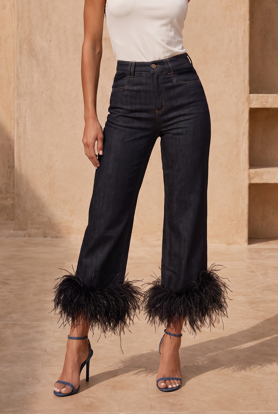 The Tableau denim feather trim jeans in Dark Blue