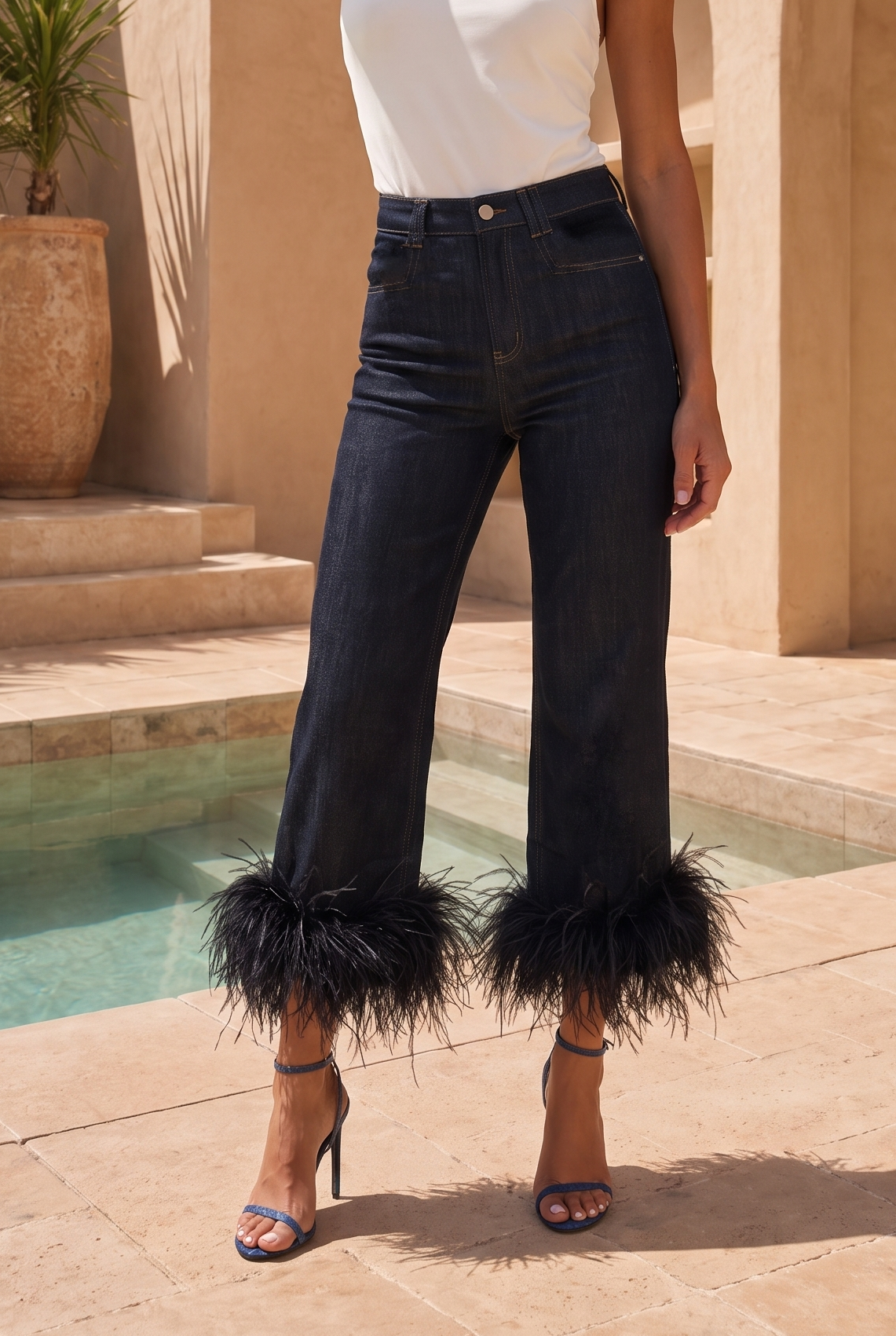 The Tableau denim feather trim jeans in Dark Blue
