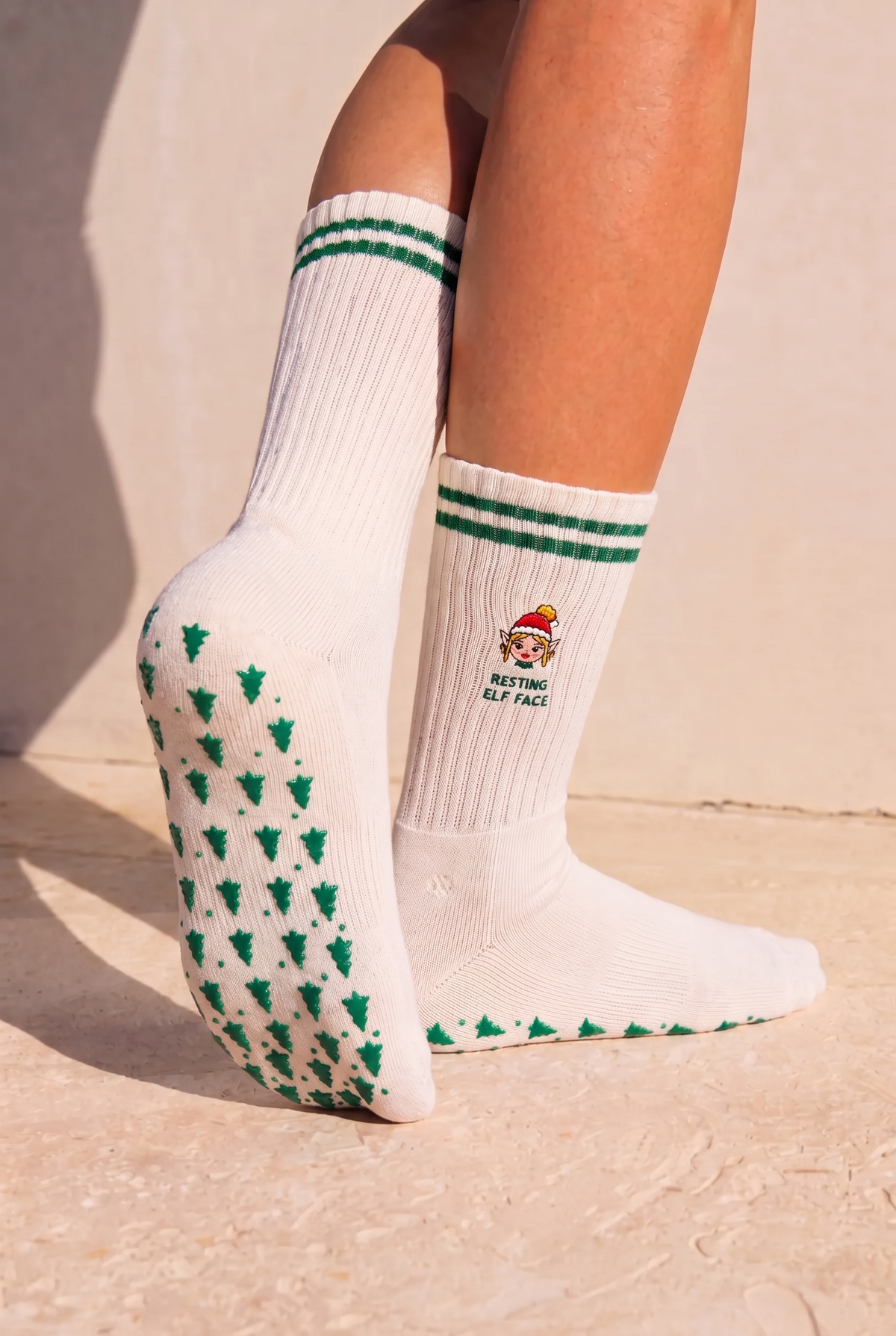 Resting Elf Face Christmas Pilates Barre Grip Socks in Cream