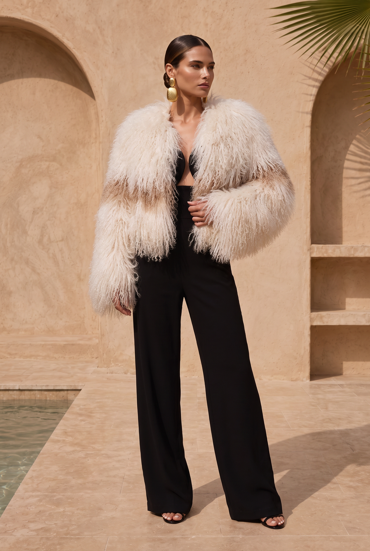 The Moonlight Stripe Mongolian Wool Jacket in Cream w/ Tan Stripe