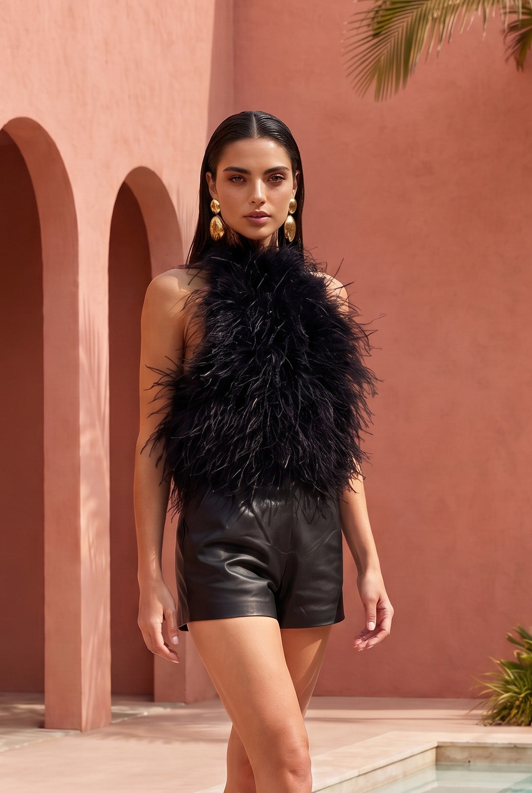 Big Dreams Ostrich Feather Halter Top in Black