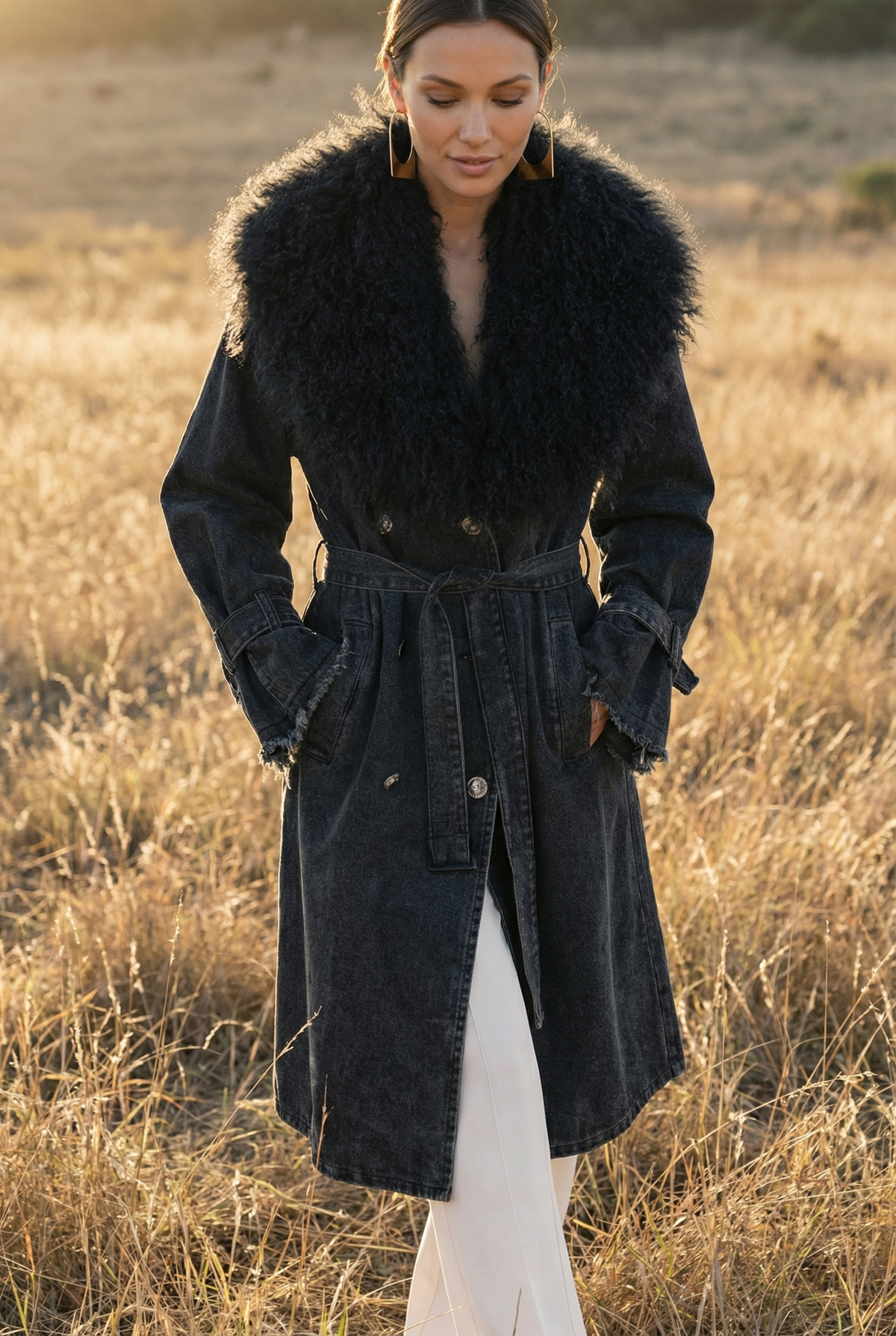 Apocalypse Denim and  Mongolian Wool Coat in Black