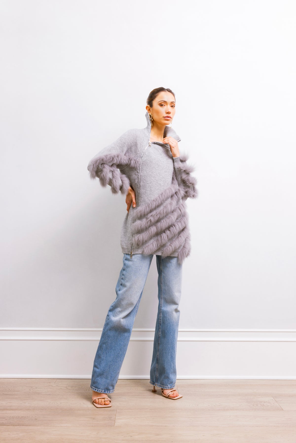 Between Lines Fur Sweater with Zip in Gray