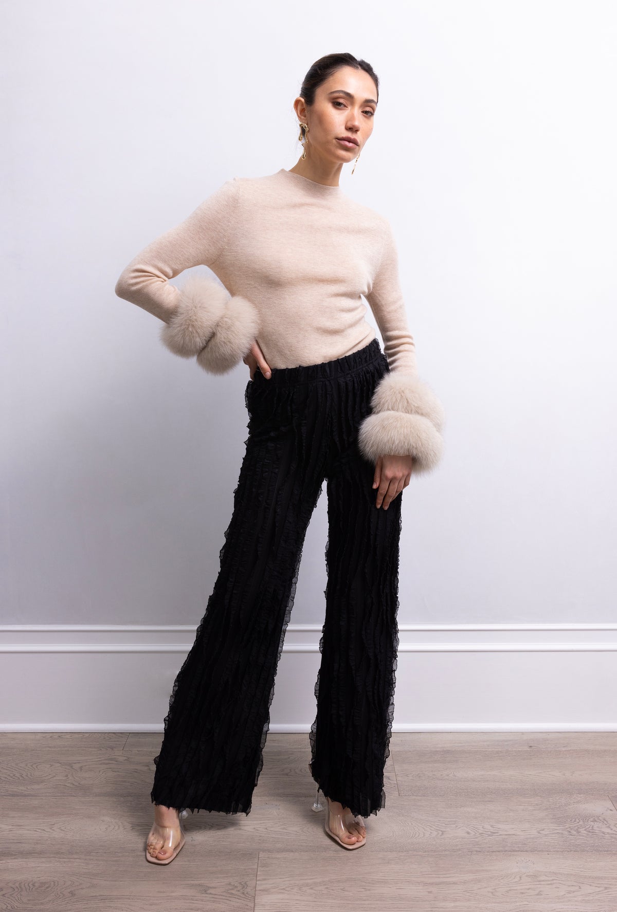Samara Removable Fur Cuff Wool Sweater in Tan