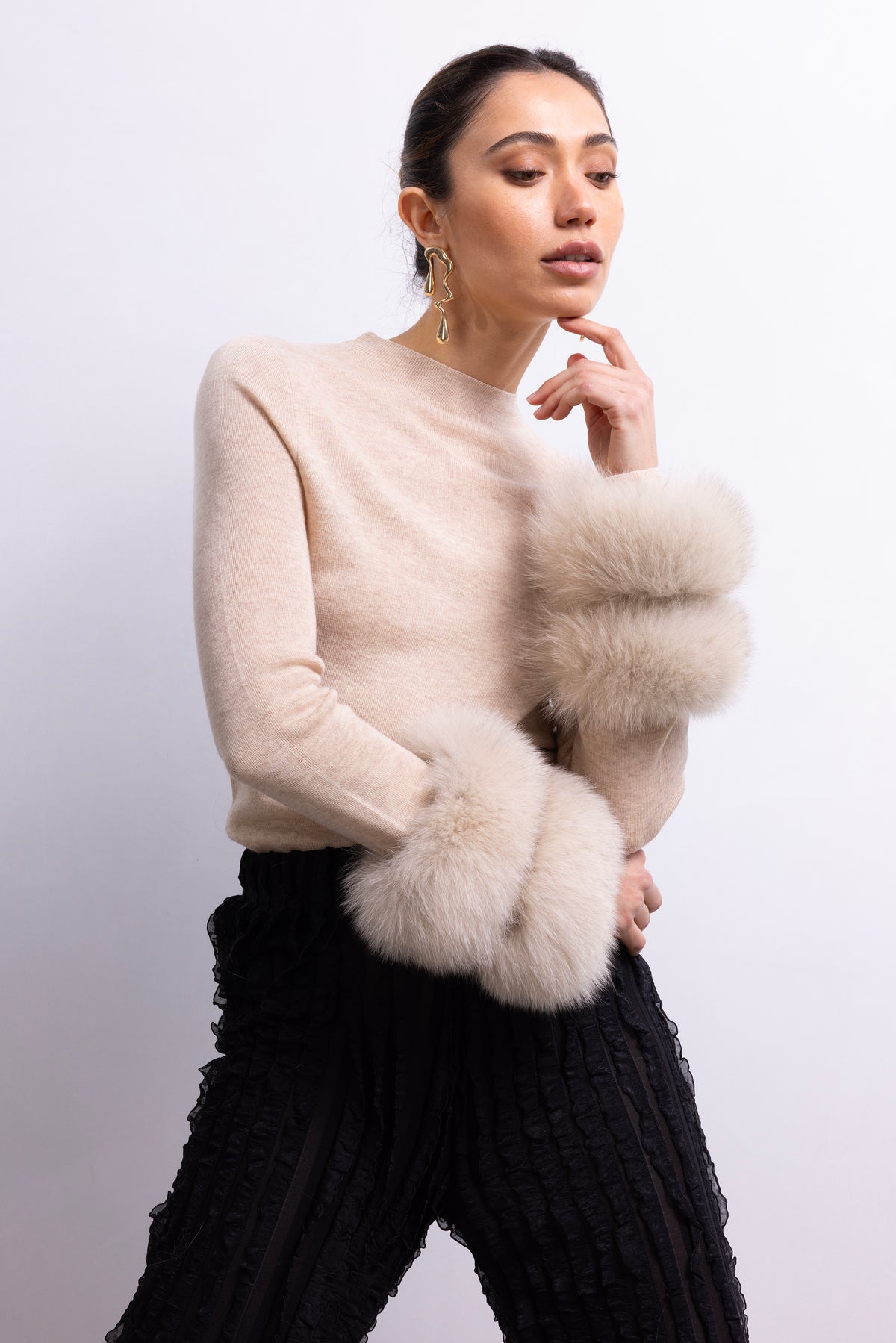 Samara Removable Fur Cuff Wool Sweater in Tan