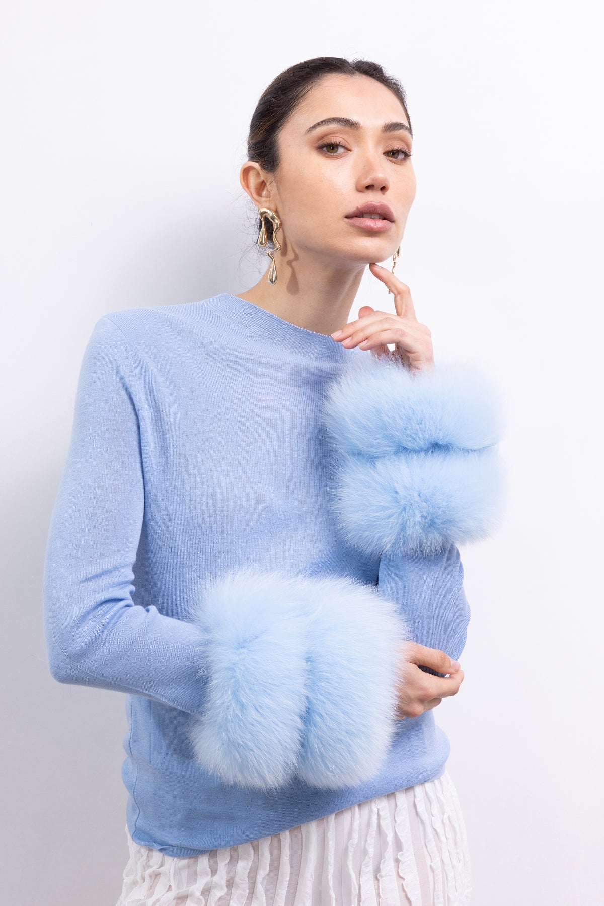 Samara Removable Fur Cuff Wool Sweater in Baby Blue