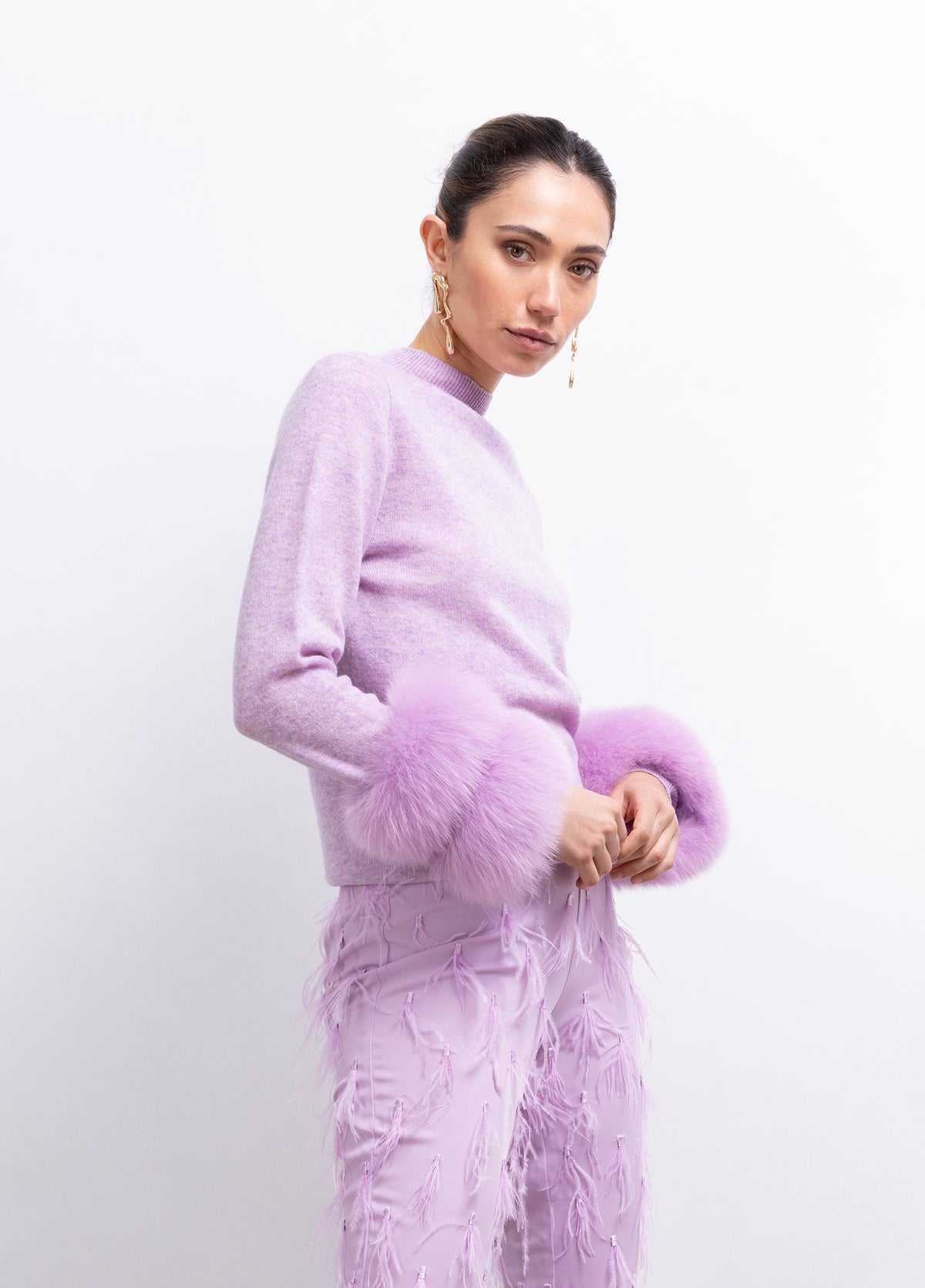Eva Removable Fur Cuff Wool Sweater in Lilac