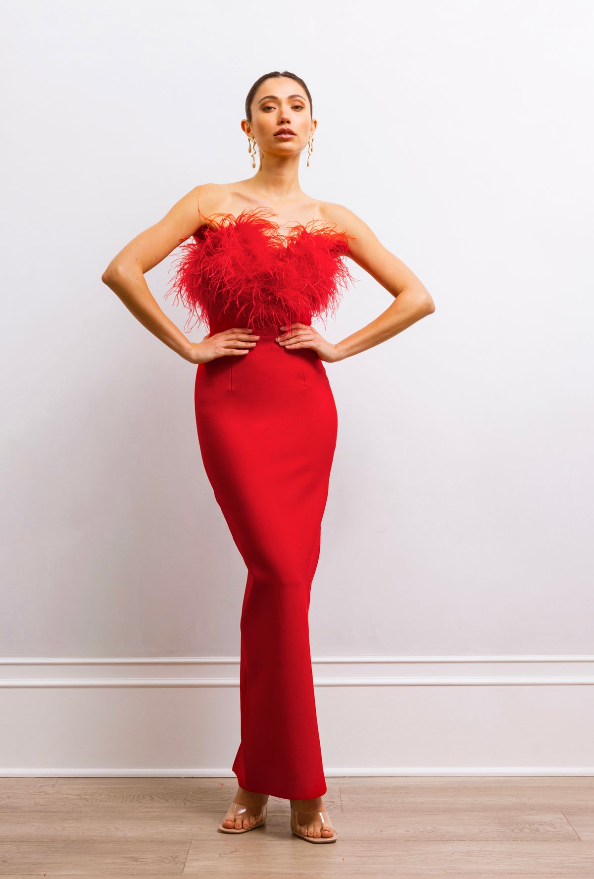 The Art of Silence Feather Maxi Dress in Red