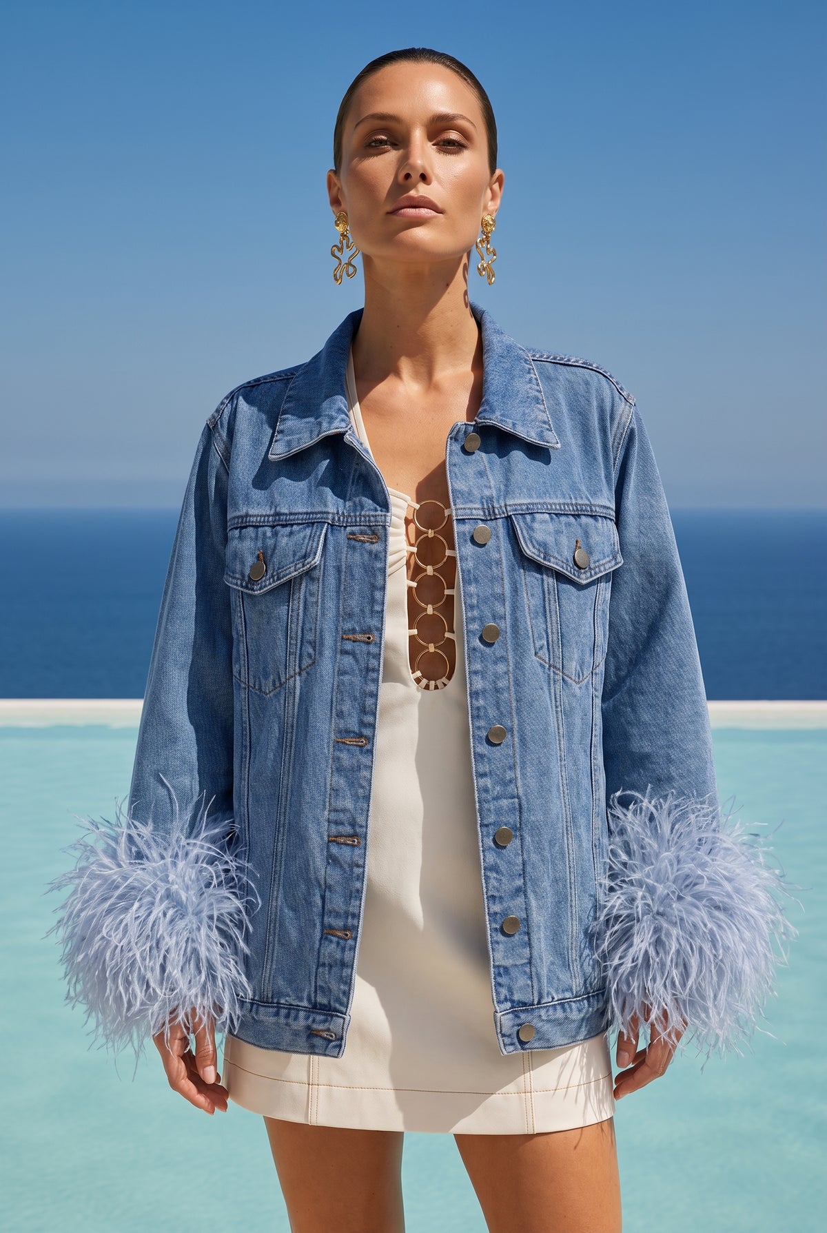 The Henry Oversized Denim Feather Trim Jacket in Blue