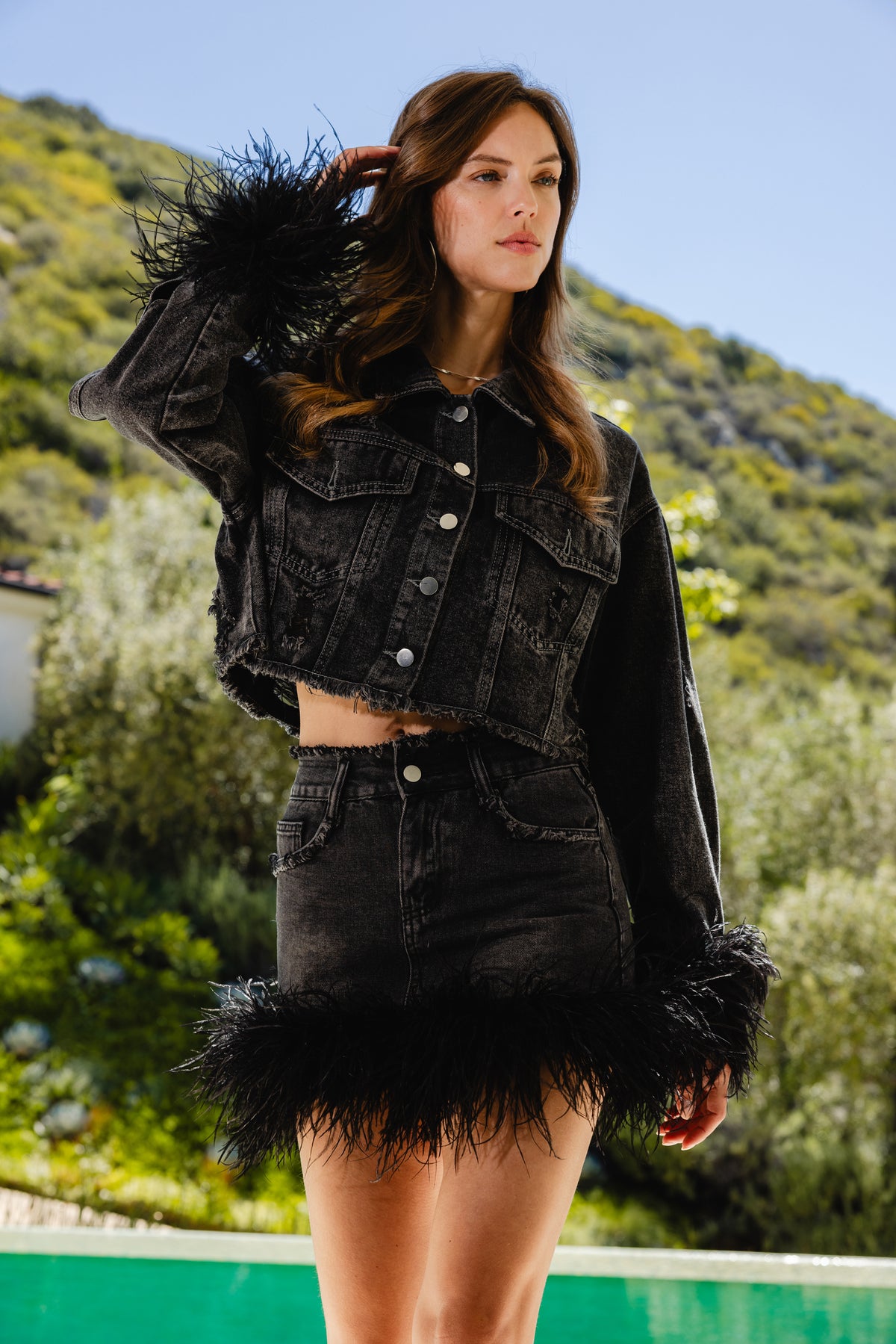 The Frequencies Distressed Denim Feather Trim Jacket in Black