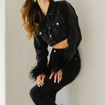 In the Drink Cropped Denim Feather Trim Jacket in Black