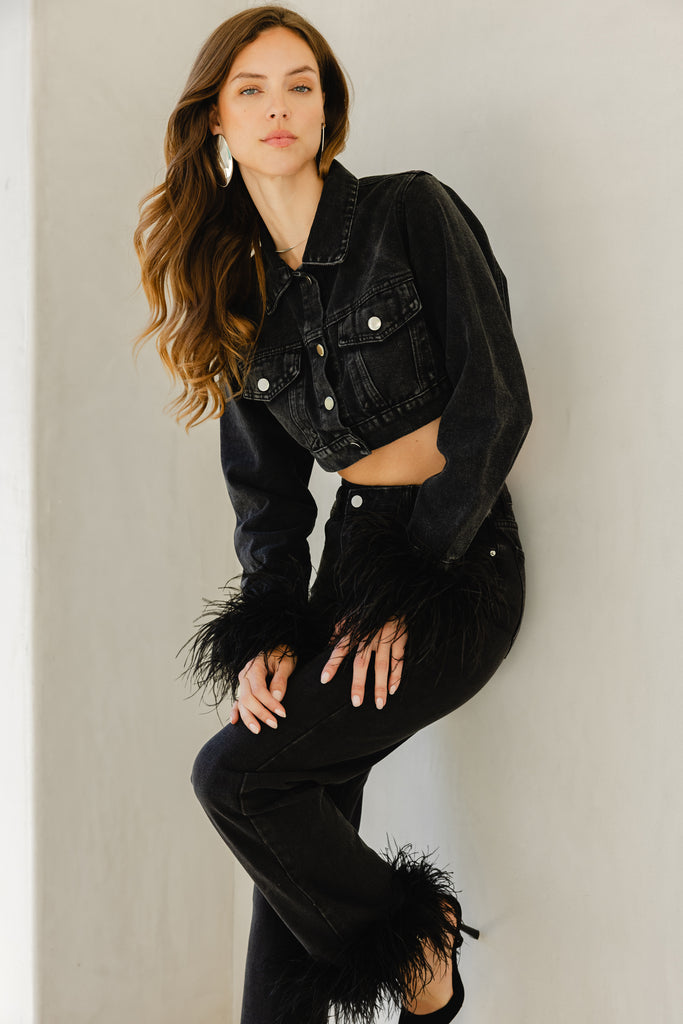 Drink Cropped Denim Feather Trim Jacket