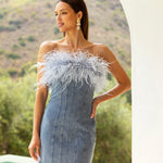 Moda Mia denim feather mini dress in Blue