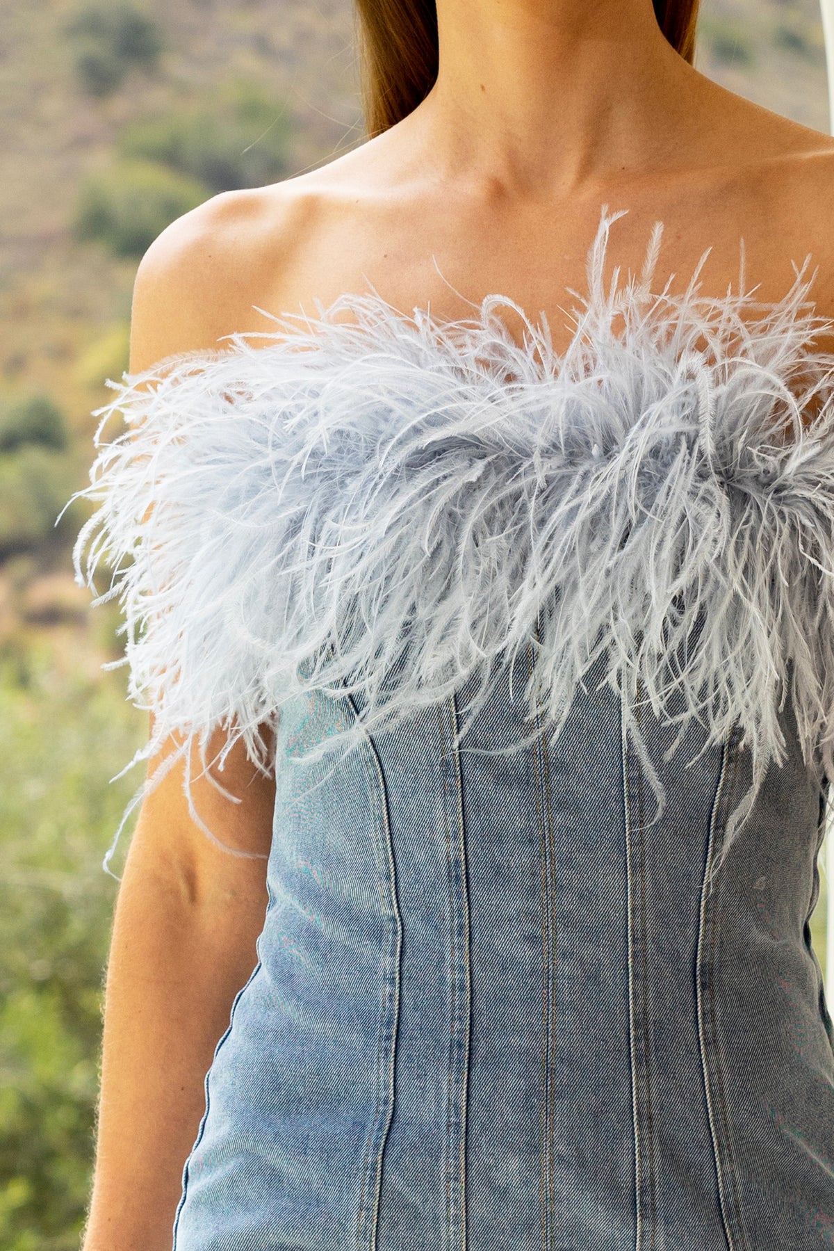 Moda Mia denim feather mini dress in Blue