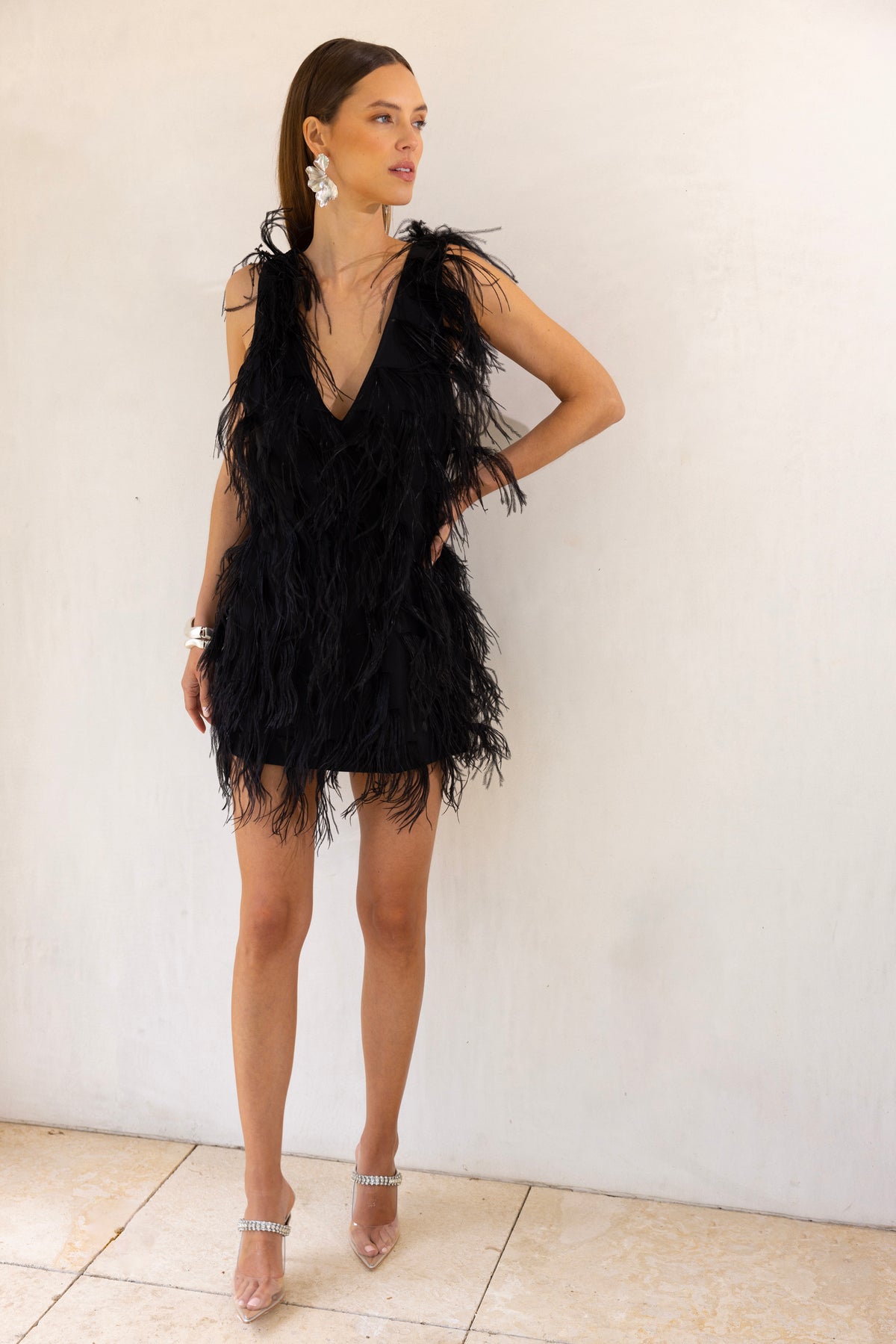 Dolce Vita Feather Mini Dress in Black
