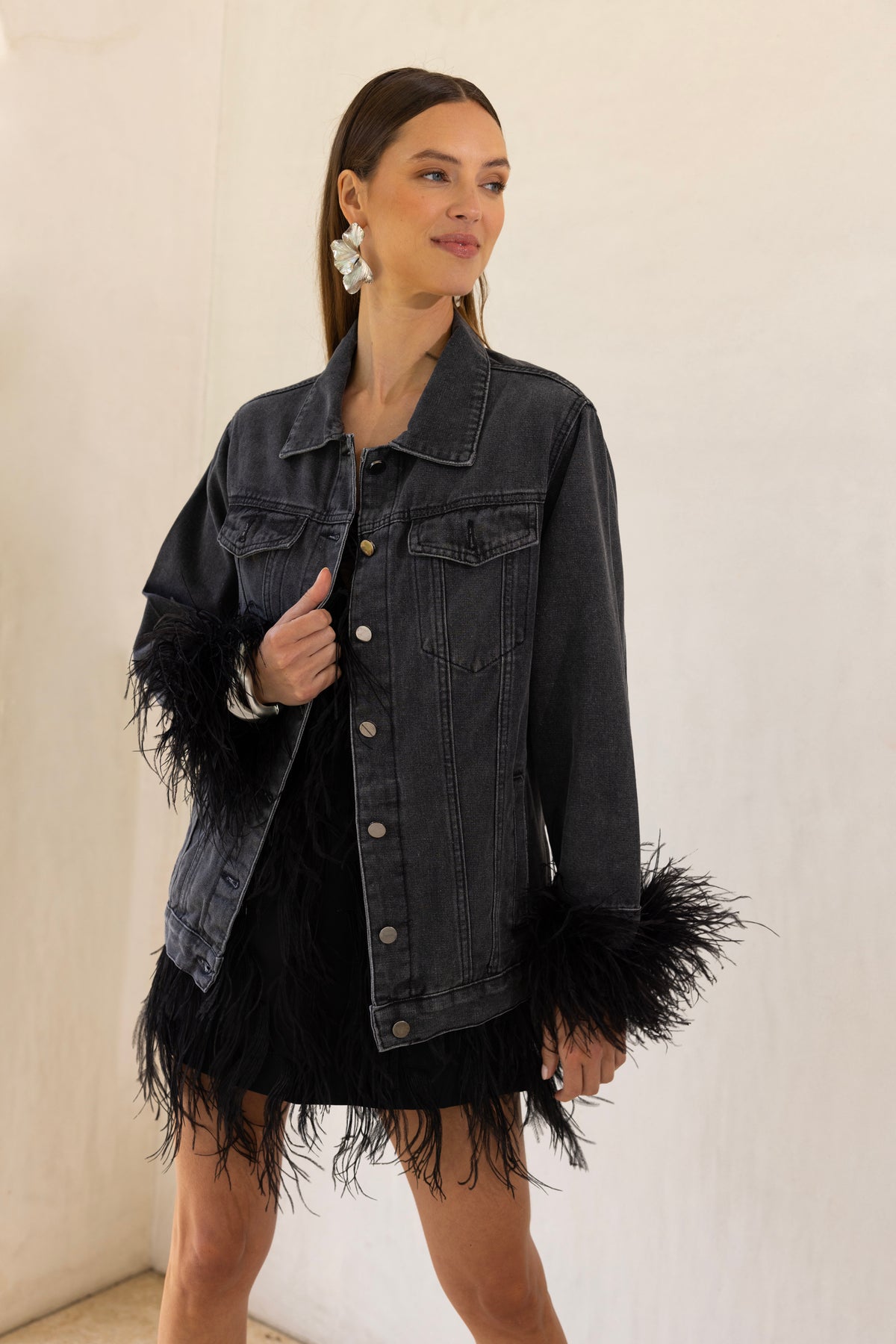 The Henry Oversized Denim Feather Trim Jacket in Black