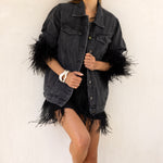The Henry Oversized Denim Feather Trim Jacket in Black