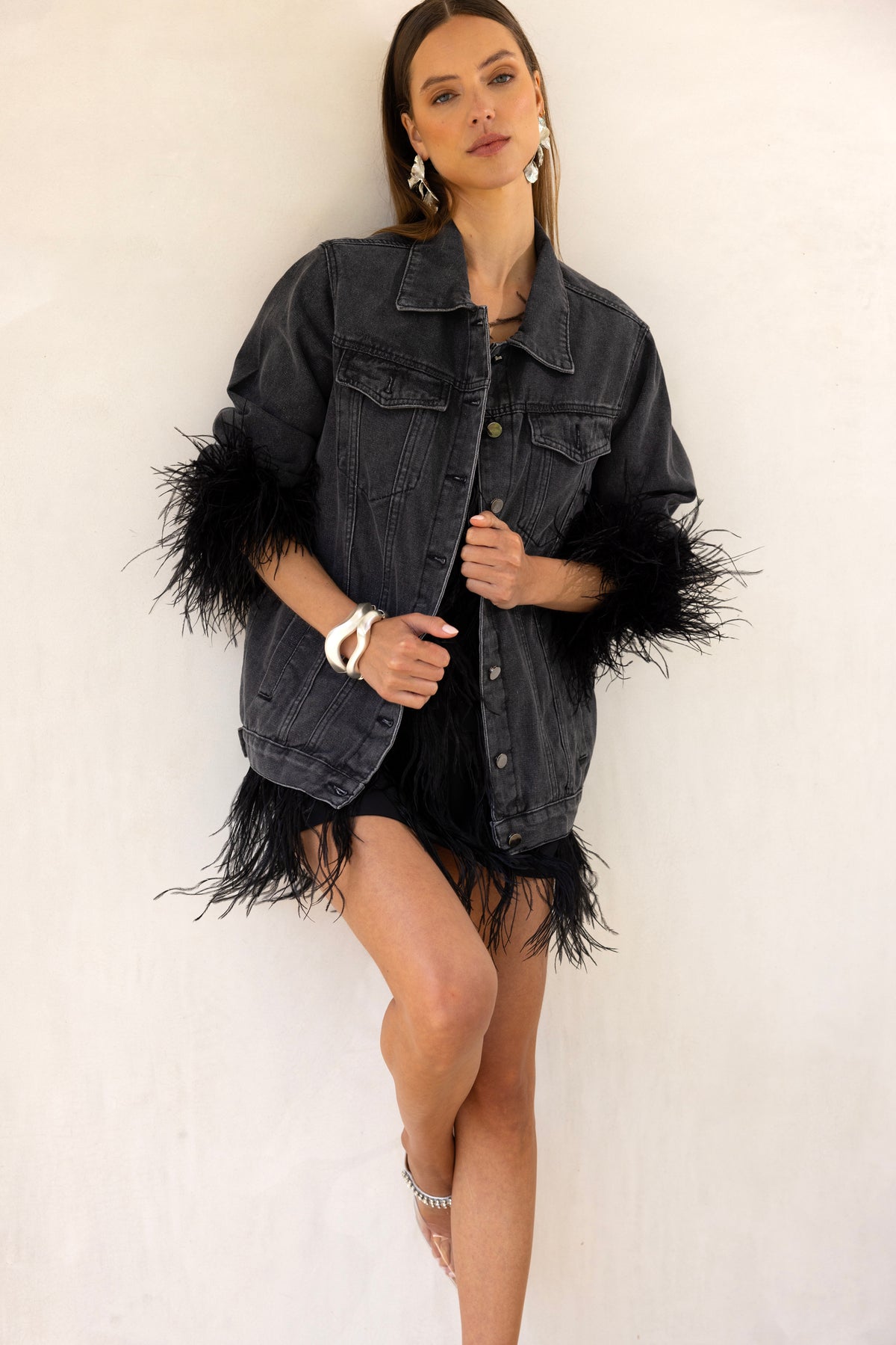 ●BLACK MENAGERIE The Henry Oversized Denim Feather Trim Jacket in Black