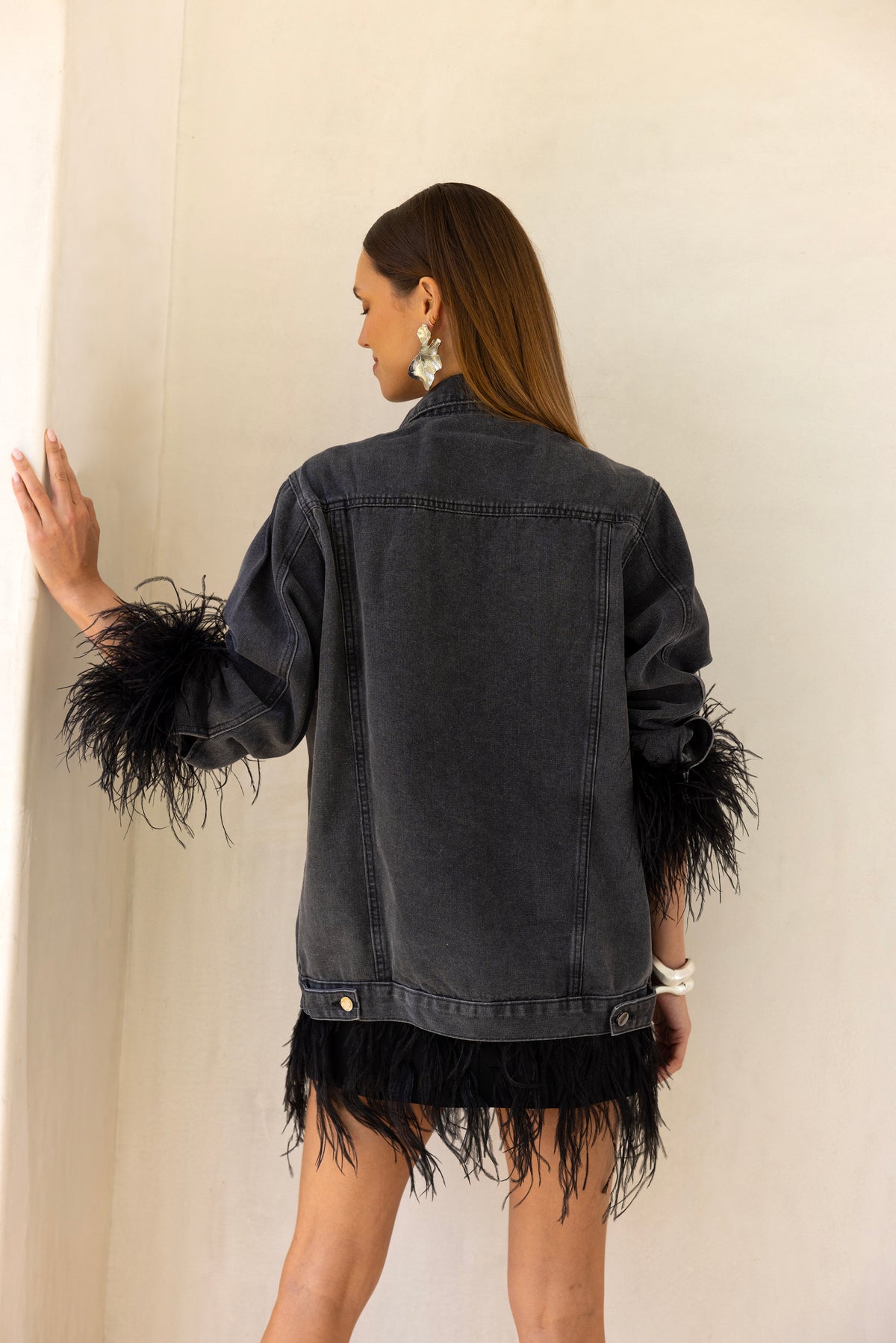 The Henry Oversized Denim Feather Trim Jacket in Black