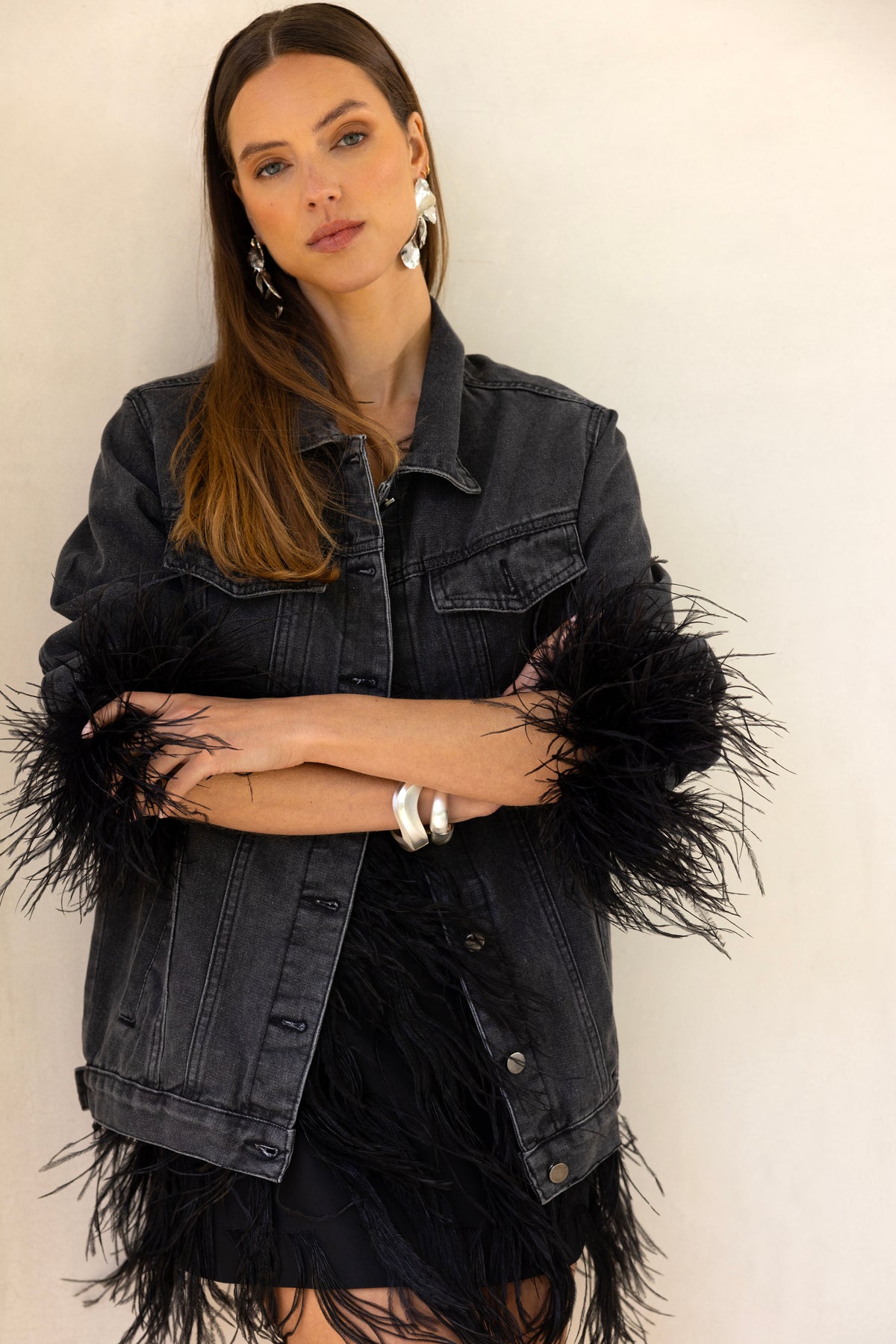 The Henry Oversized Denim Feather Trim Jacket in Black