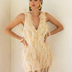 Paradise Ostrich Feather Mini Dress in Beige