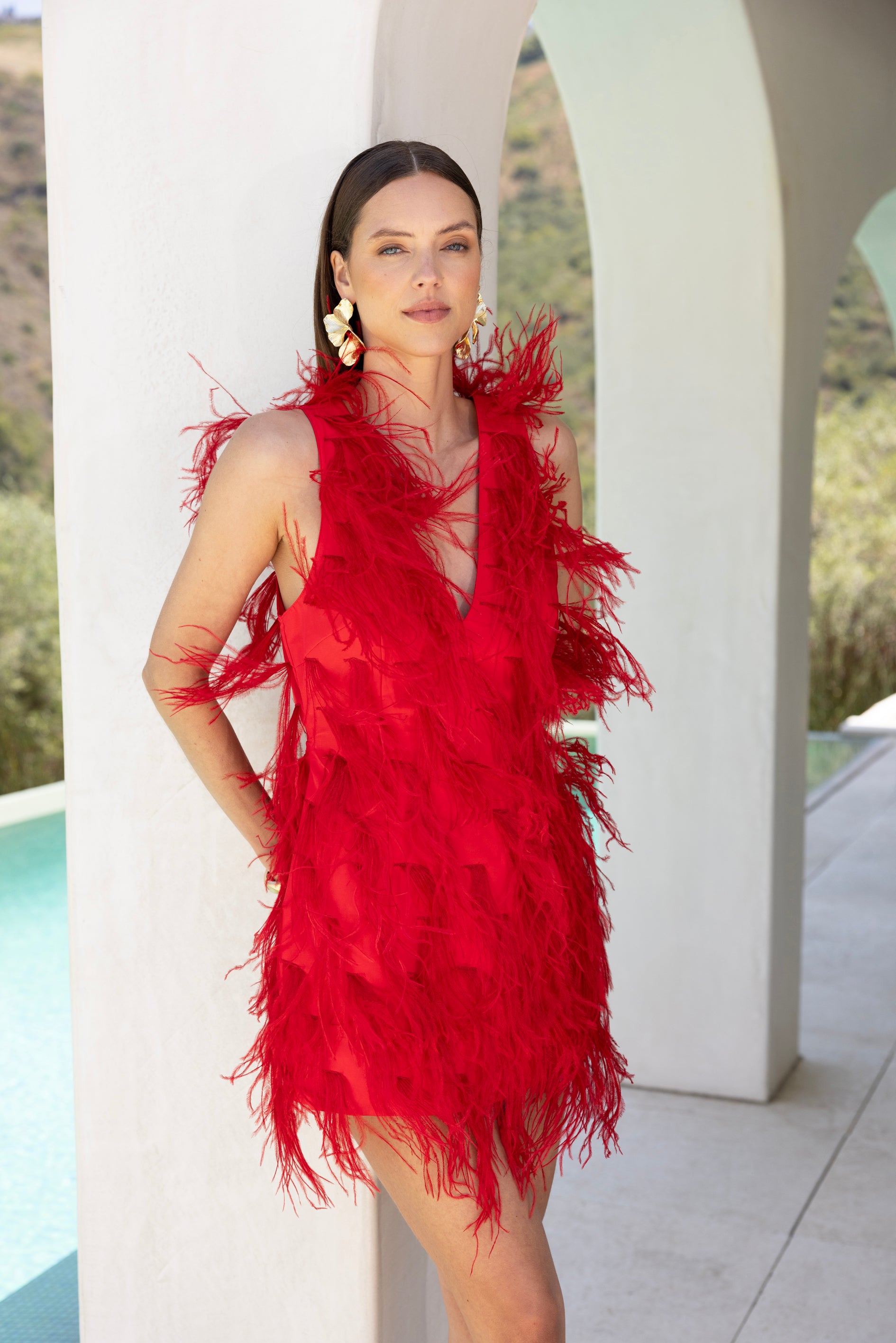 red dress with feathers on bottom Deep red velvet dress with feathers