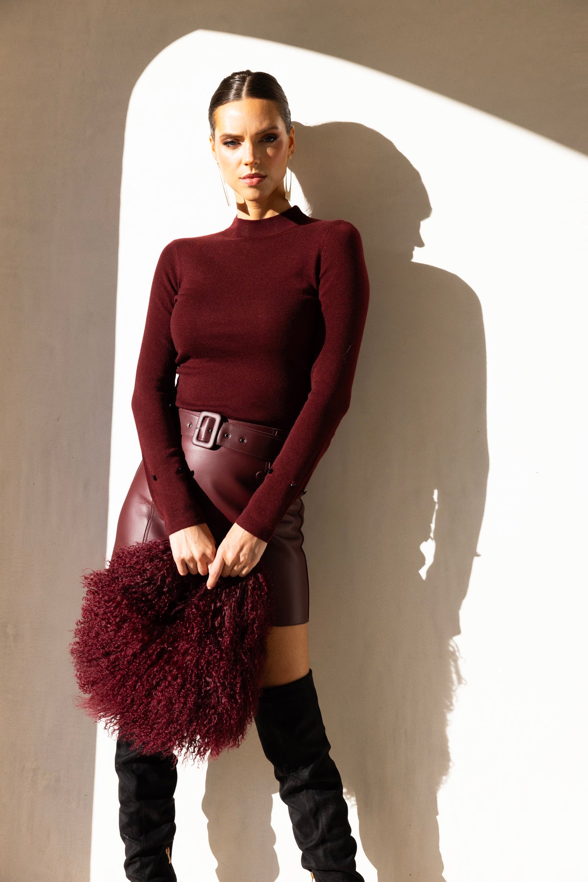 Soft Rebellion Mongolian Wool Handbag in Burgundy