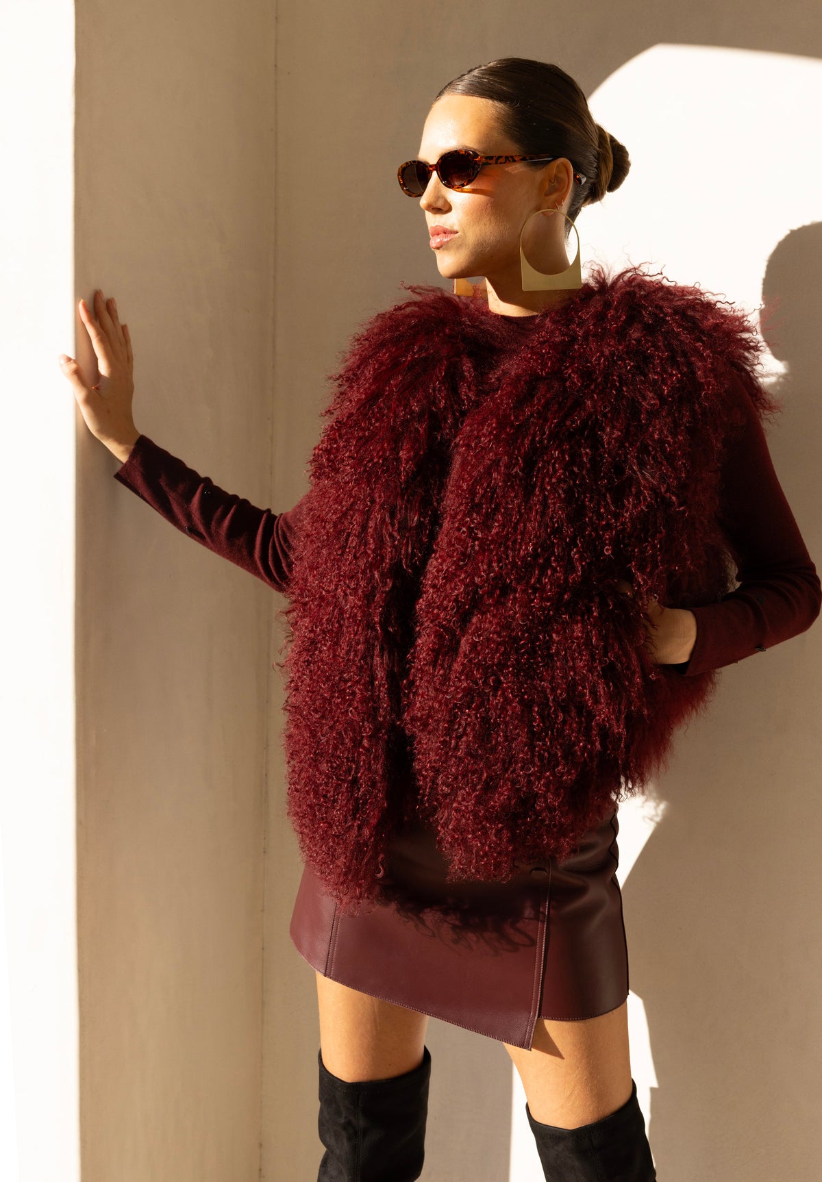 The Northern Shadow Mongolian Wool Vest in Burgundy
