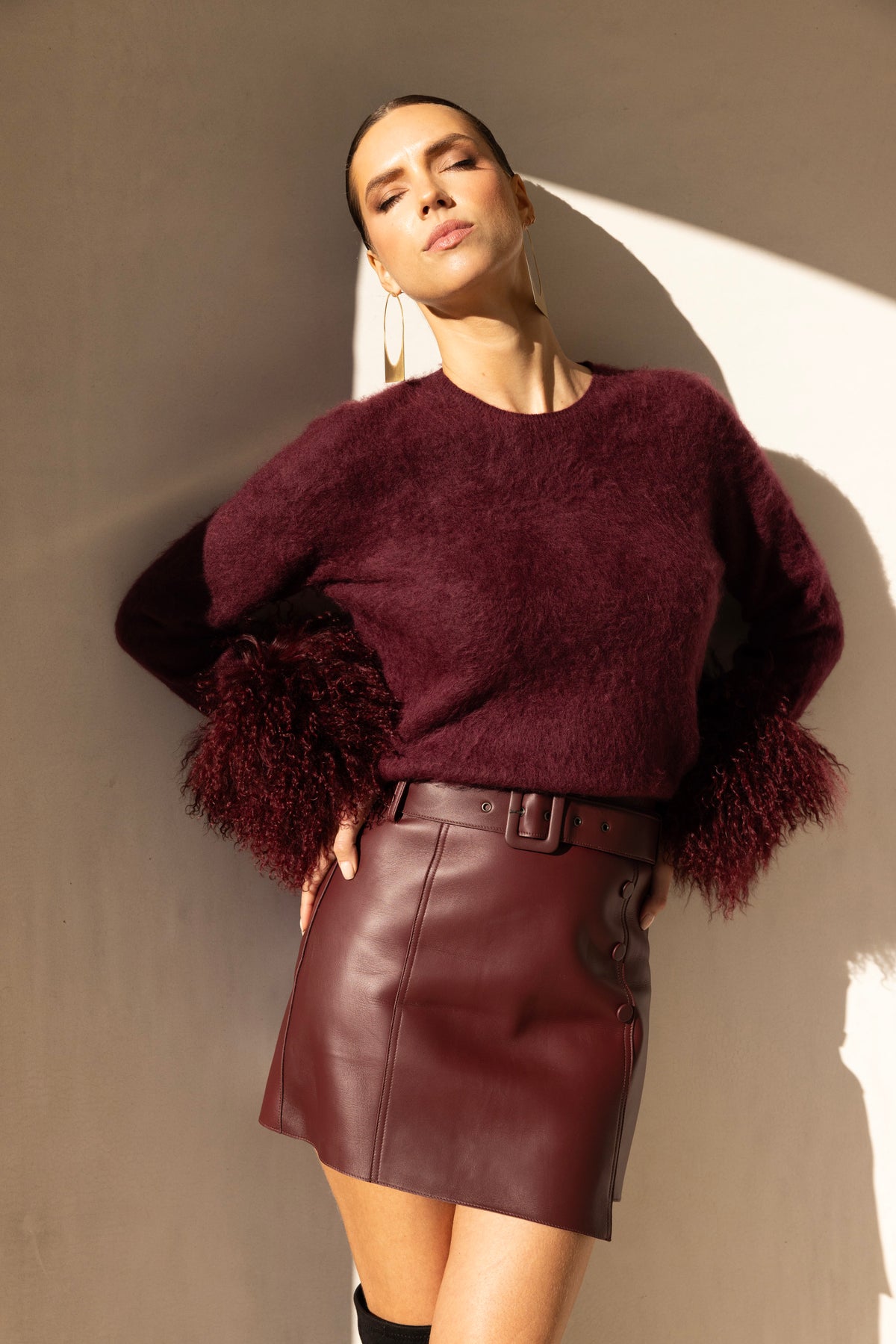 Sunrise Removable Wool Cuff Cashmere Sweater in Burgundy