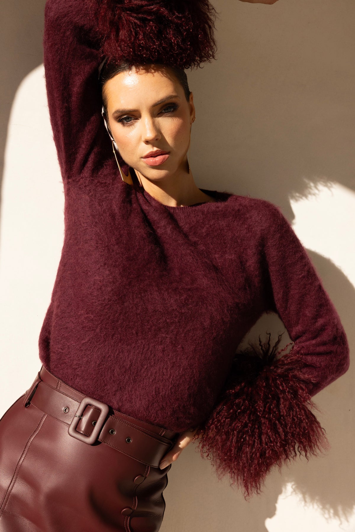 Sunrise Removable Wool Cuff Cashmere Sweater in Burgundy