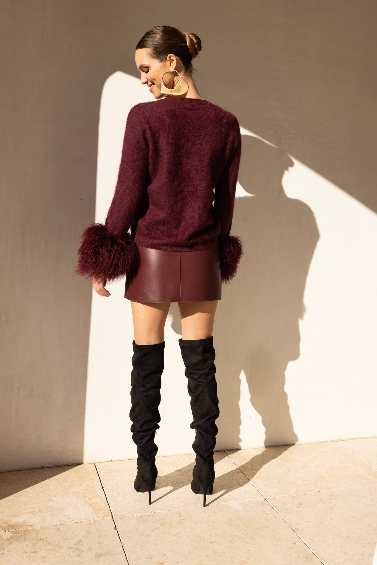 Sunrise Removable Wool Cuff Cashmere Sweater in Burgundy