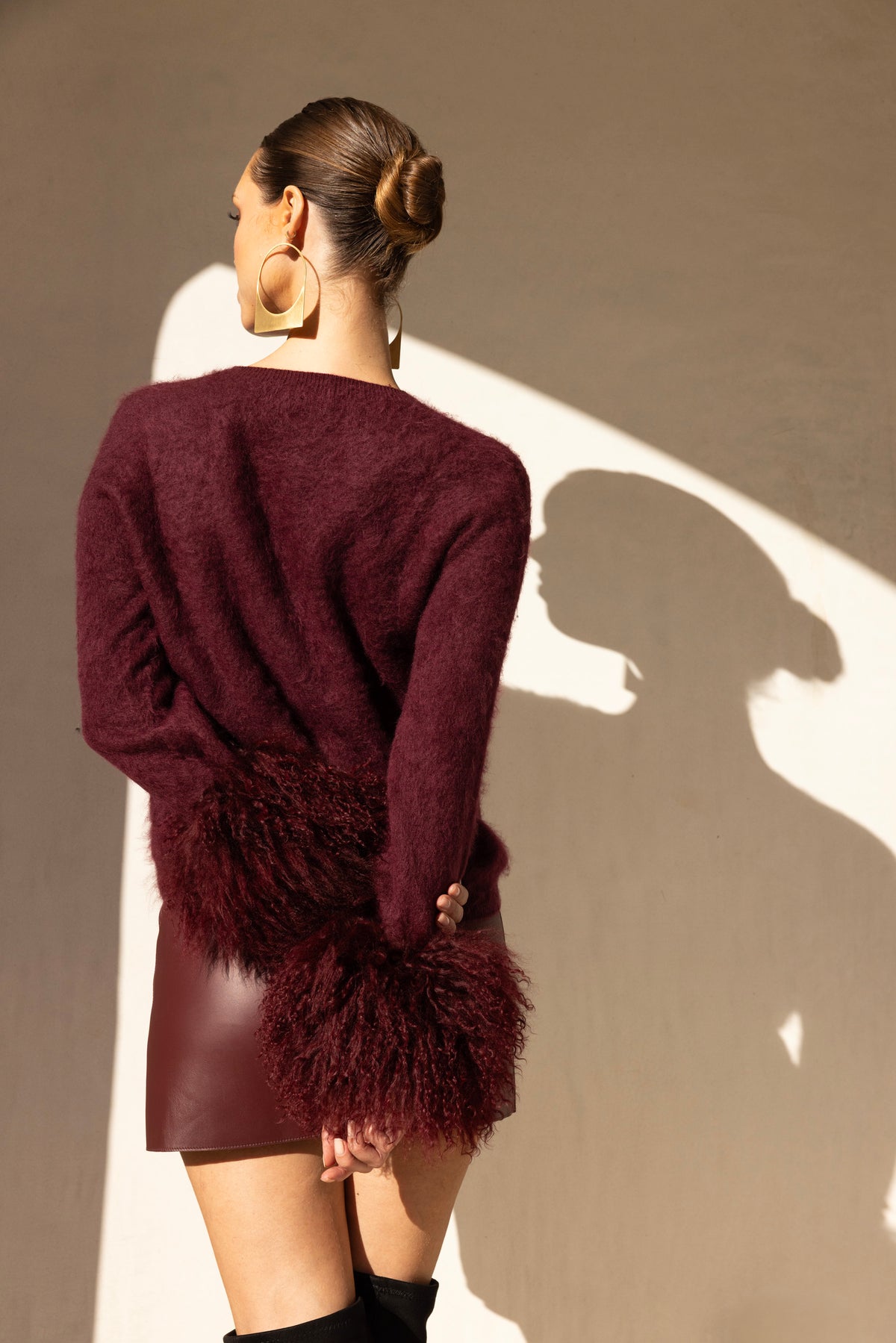 Sunrise Removable Wool Cuff Cashmere Sweater in Burgundy