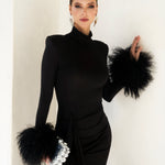 Make an Entrance Mongolian Wool Cuff Midi Dress in Black