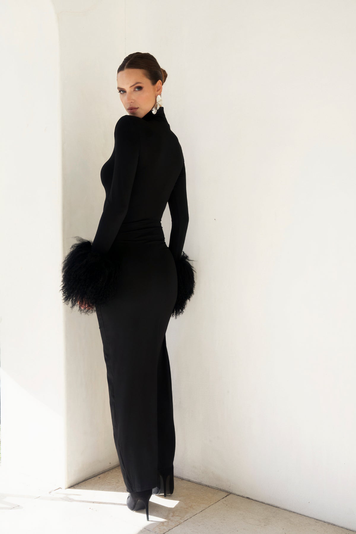 Make an Entrance Mongolian Wool Cuff Midi Dress in Black