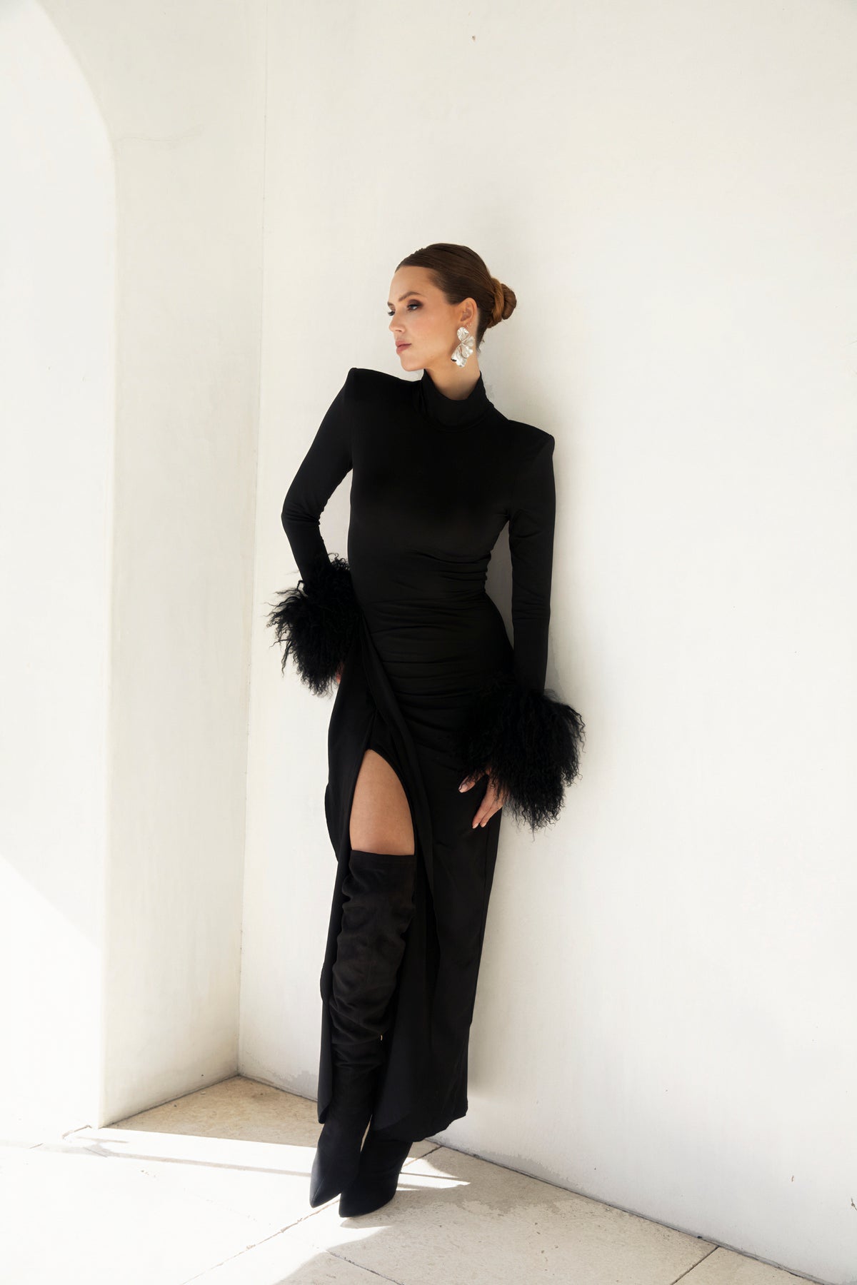 Make an Entrance Mongolian Wool Cuff Midi Dress in Black