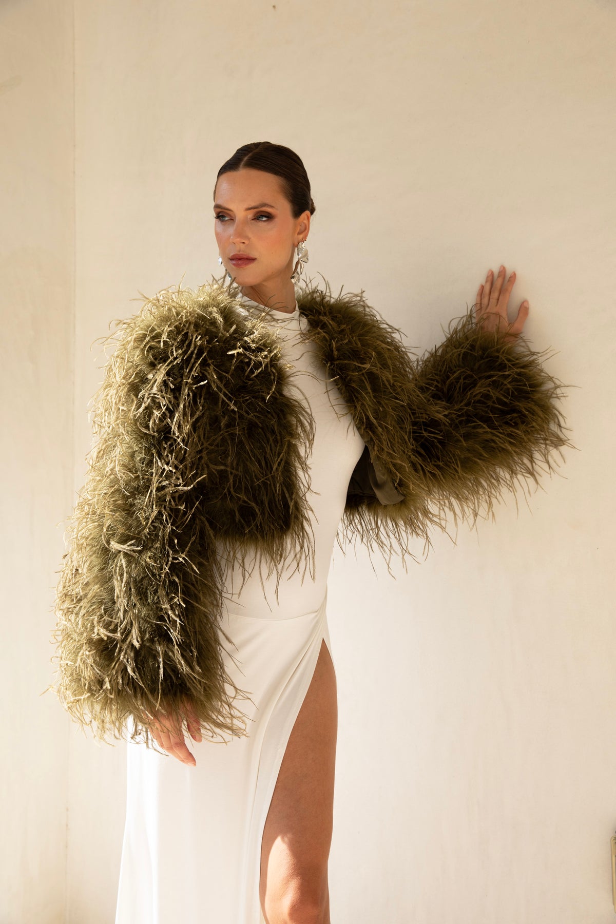 The Entitled Feather Jacket in Olive Green