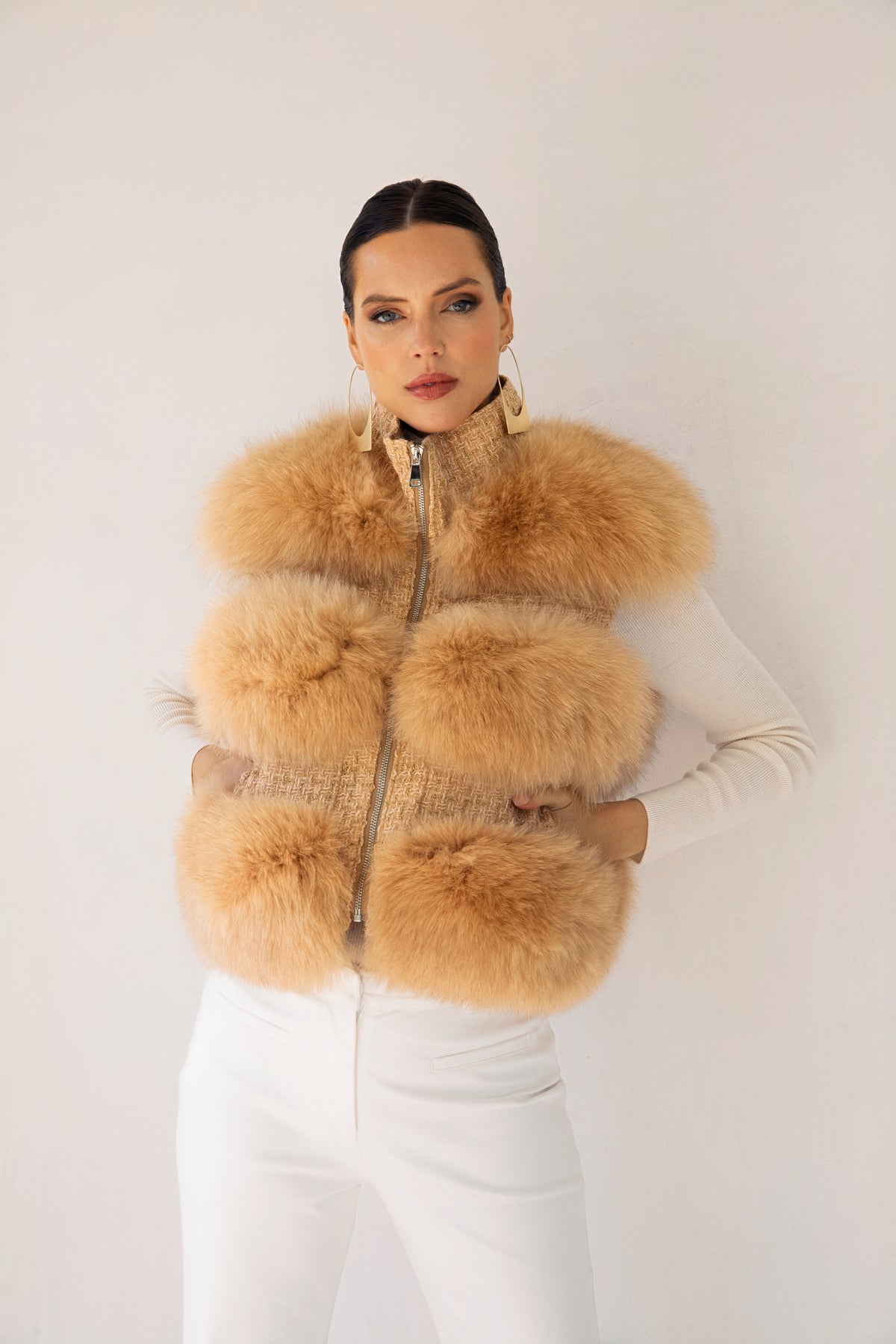 La Belle Tweed & Fur Vest in Tan
