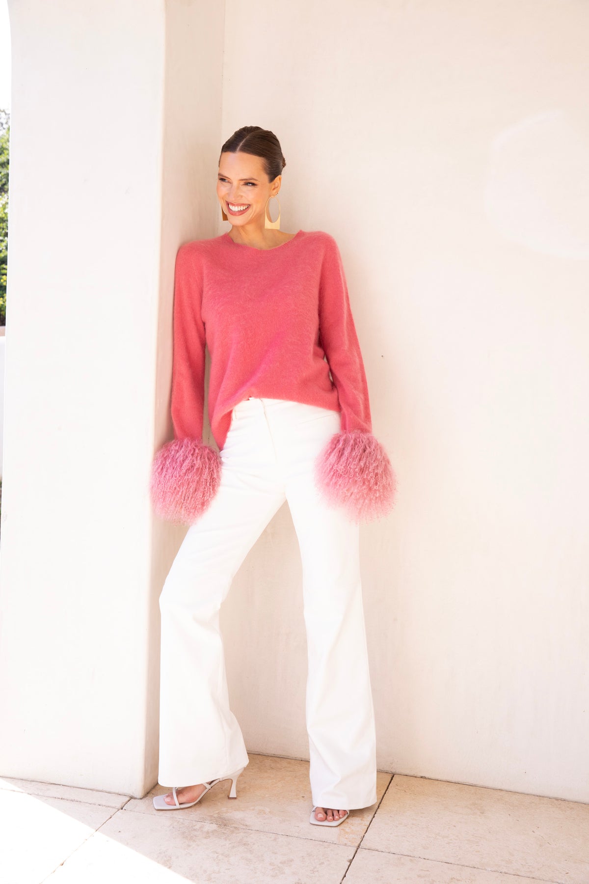 Sunrise Removable Wool Cuff Cashmere Sweater in Pink